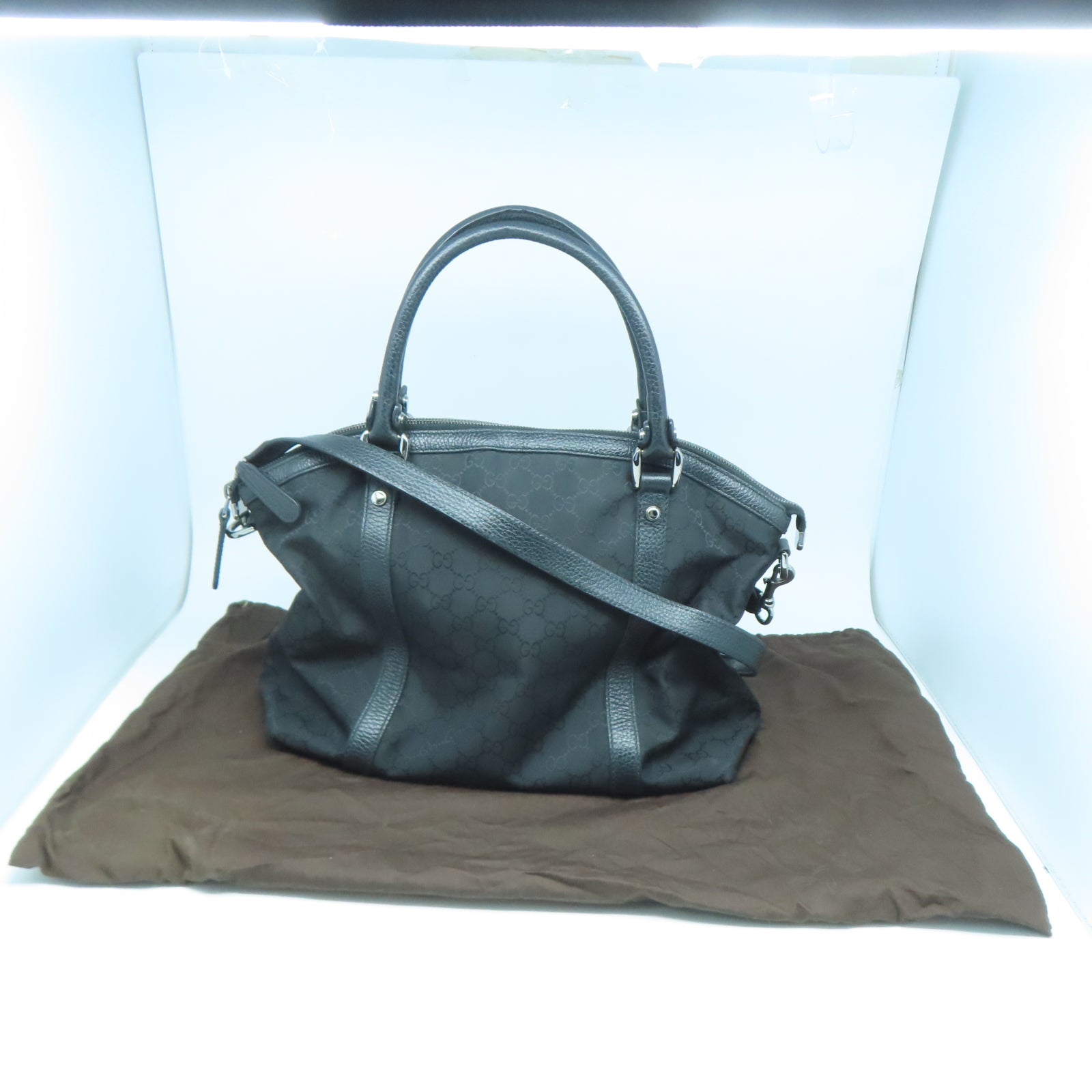 GUCCI 帆布2 Way Shoulder銀扣手挽肩背兩用袋黑色
