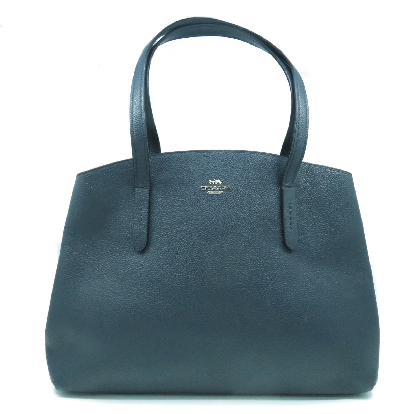 COACH 牛皮皮革Tote Bag銀扣肩背袋深藍色