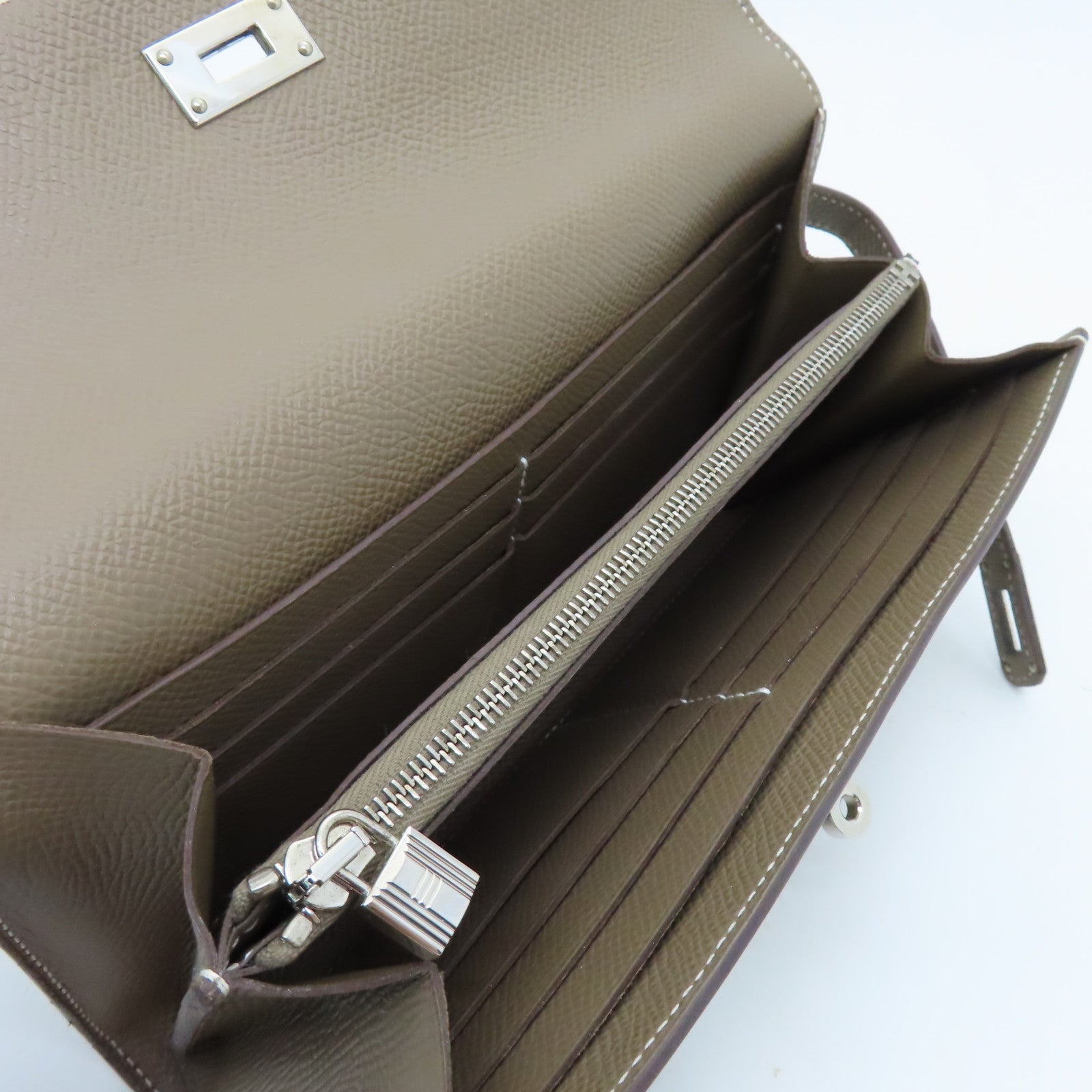 HERMES Epsom皮革Kelly Long Wallet銀扣長錢包灰色