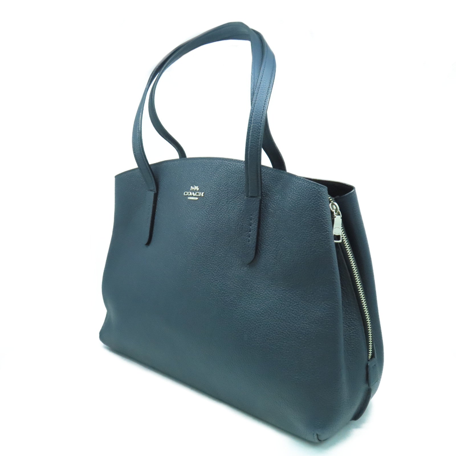 COACH 牛皮皮革Tote Bag銀扣肩背袋深藍色