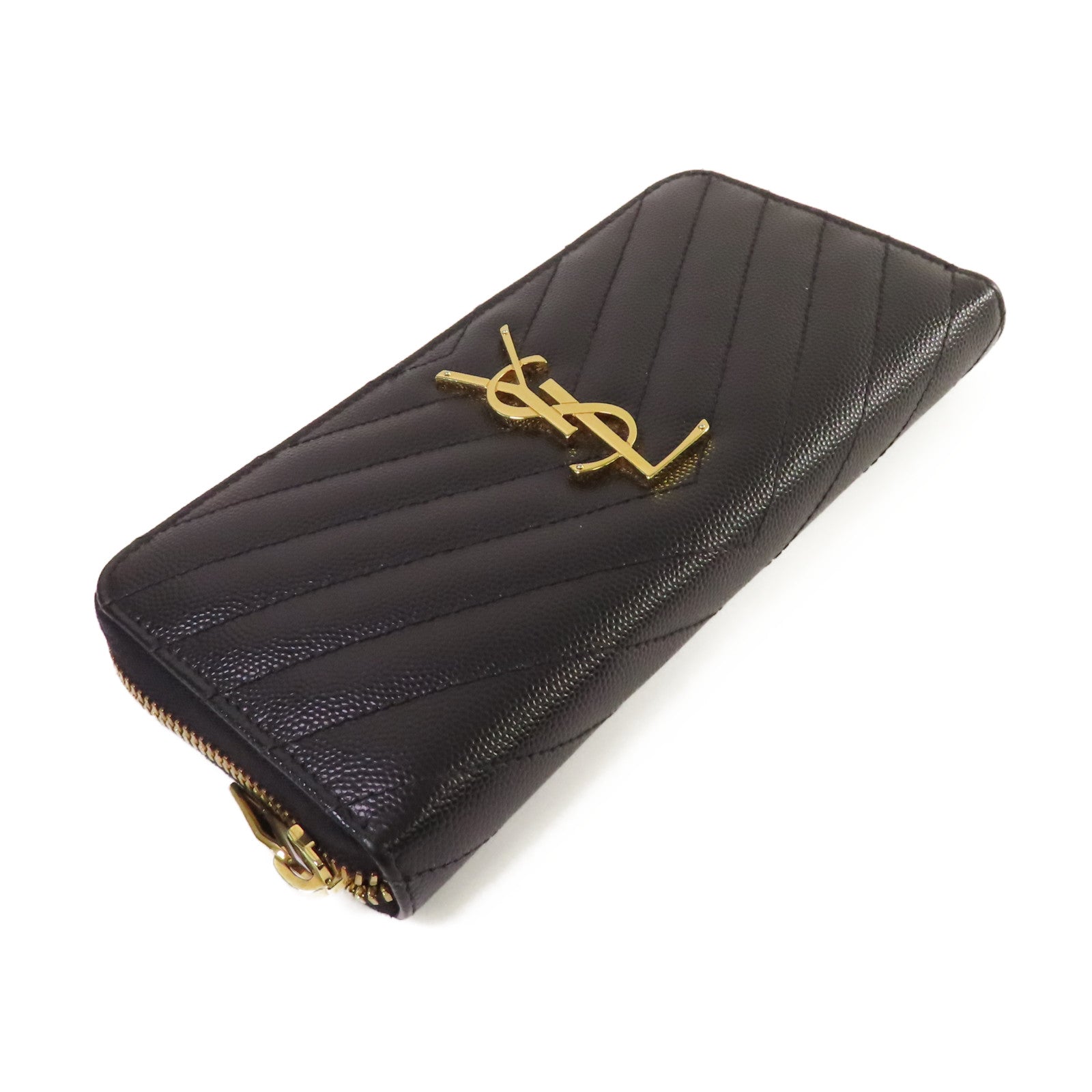 SAINT LAURENT 斜紋牛皮皮革Long Wallet金扣拉鏈長錢包黑色