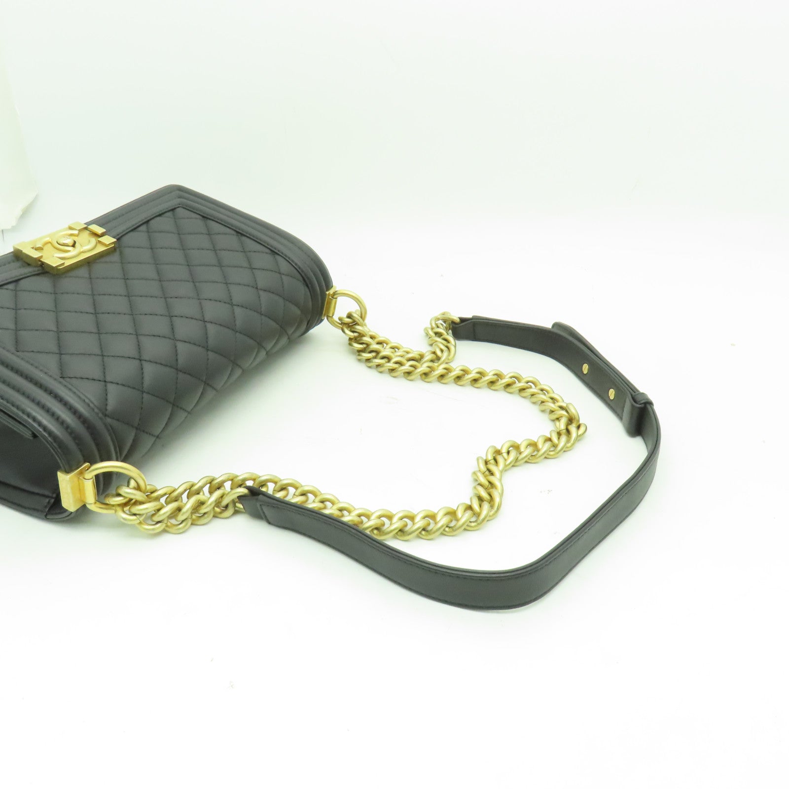 CHANEL 菱格羊皮皮革Boy 25cm金扣鏈帶肩背袋黒色