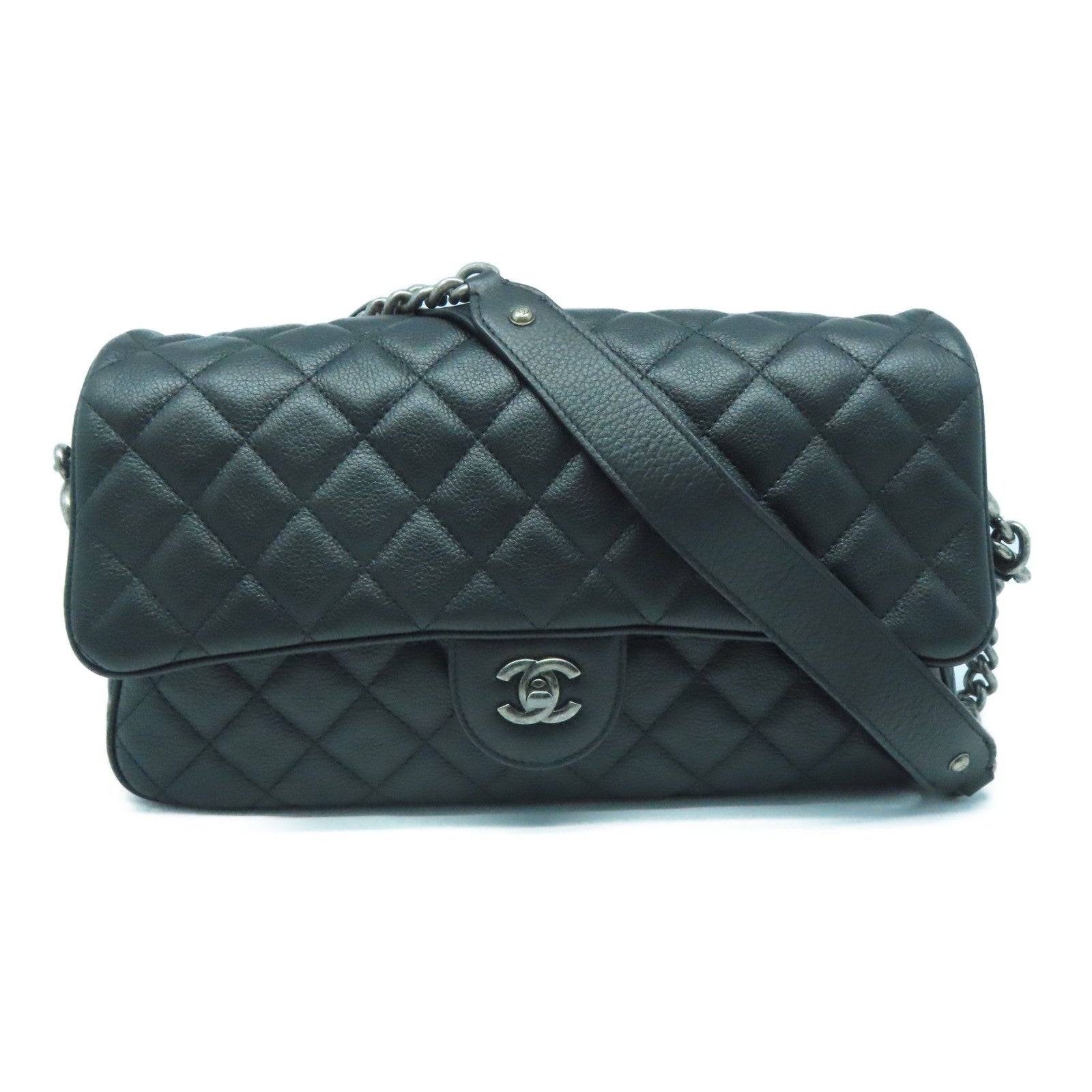 CHANEL 菱格牛皮皮革Shoulder Bag银扣肩背袋黑色