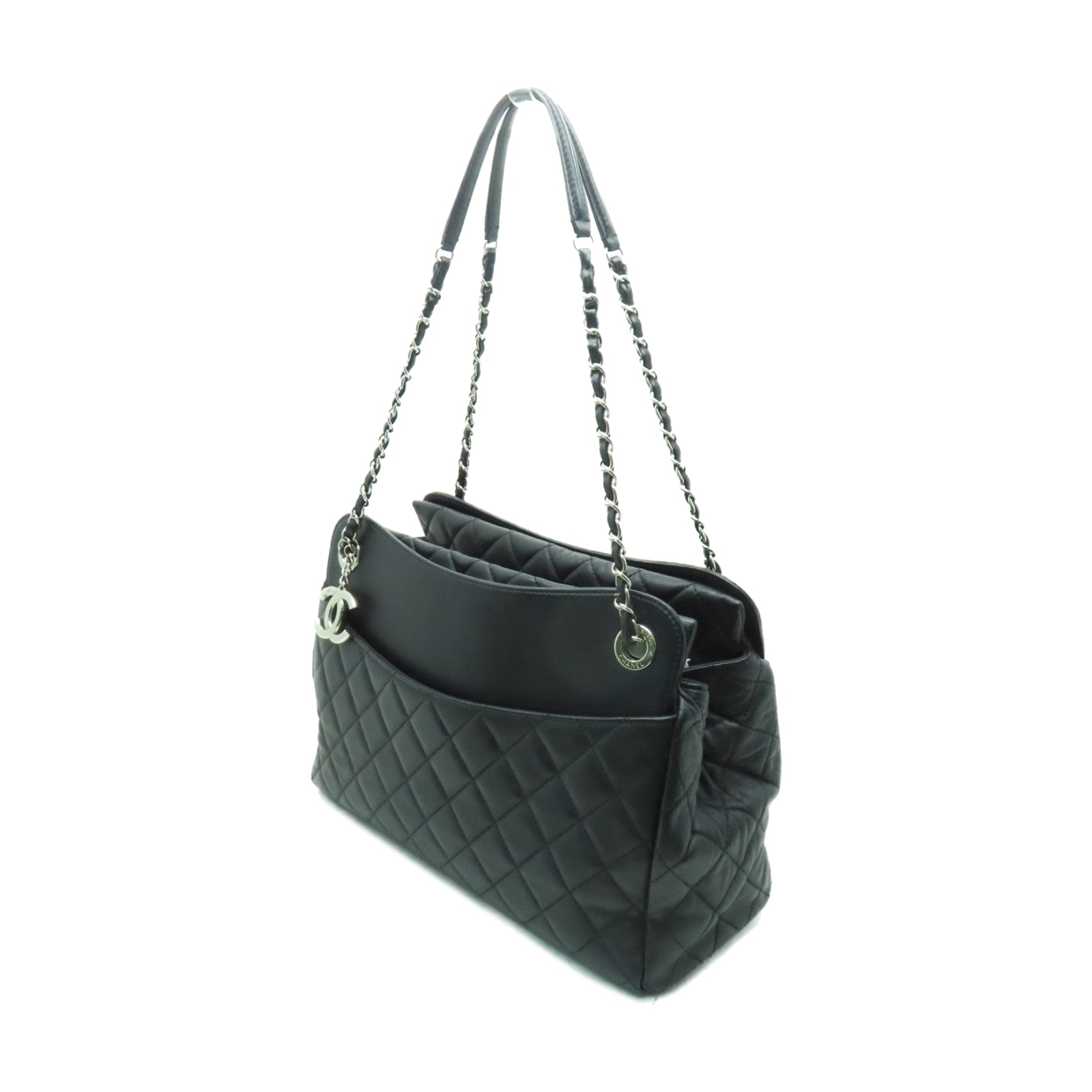 CHANEL 菱格牛皮皮革Chain Shoulder銀扣鏈帶肩背袋黑色