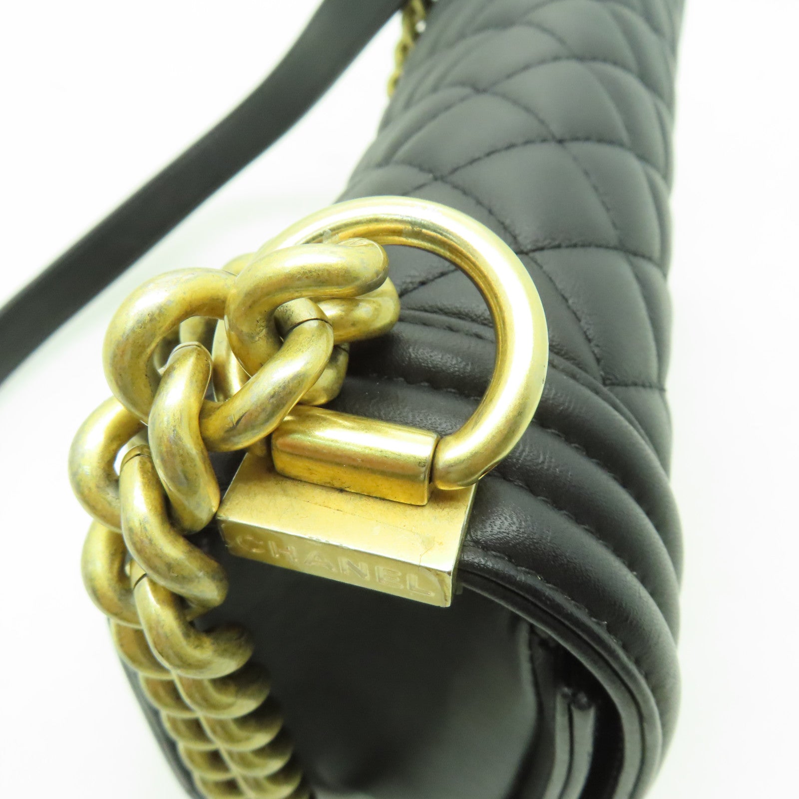CHANEL 菱格羊皮皮革Boy 25cm金扣鏈帶肩背袋黒色