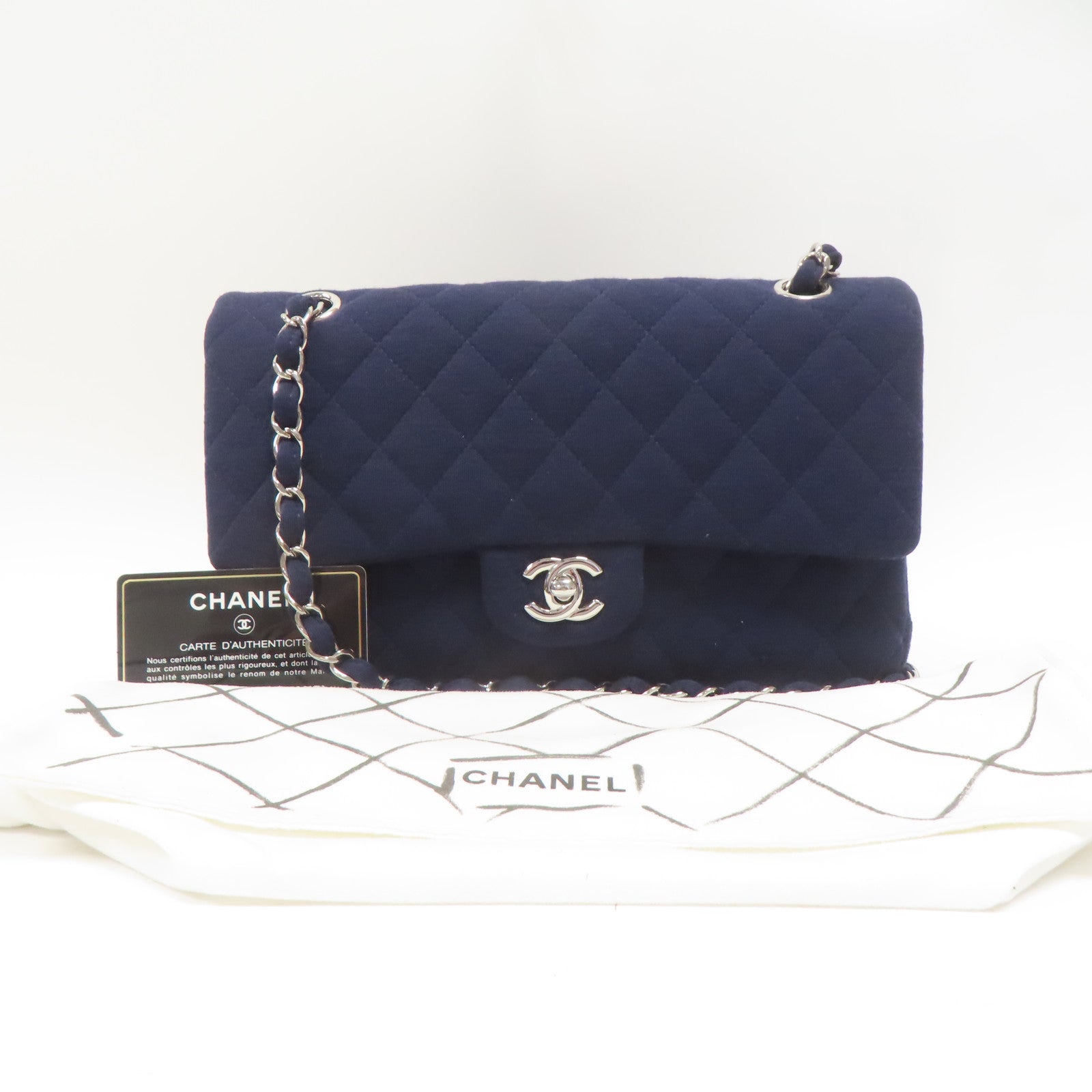 CHANEL 菱格羊毛Chain Shoulder銀扣鏈帶肩背袋藍色