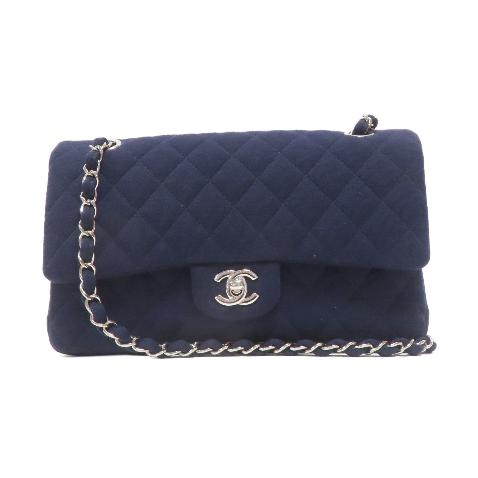 CHANEL 菱格羊毛Chain Shoulder銀扣鏈帶肩背袋藍色