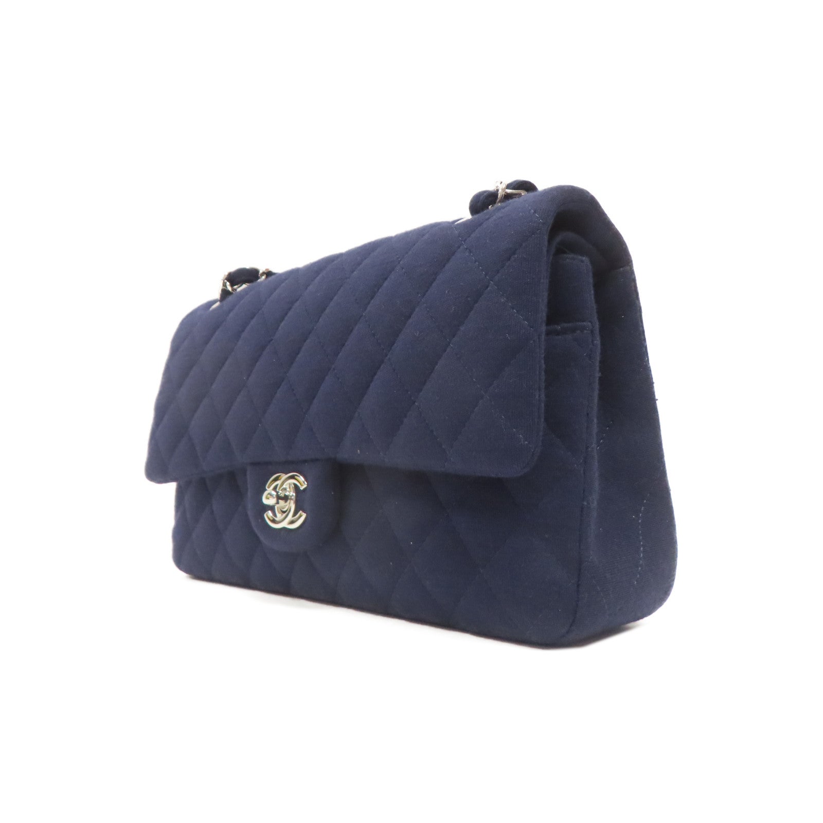 CHANEL 菱格羊毛Chain Shoulder銀扣鏈帶肩背袋藍色