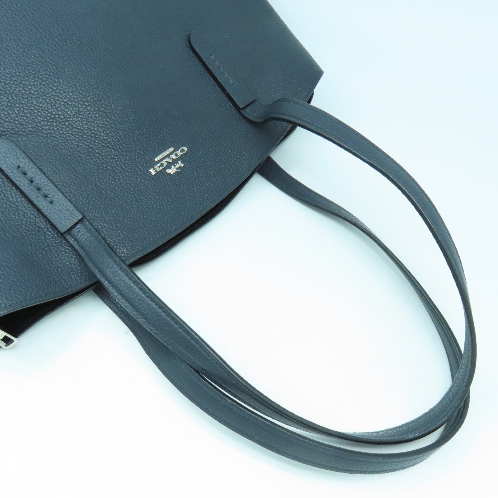 COACH 牛皮皮革Tote Bag銀扣肩背袋深藍色