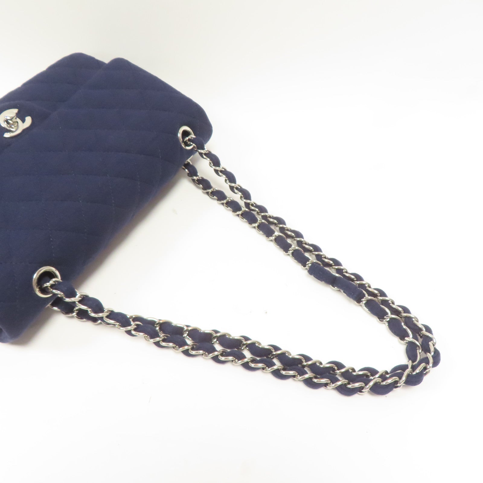 CHANEL 菱格羊毛Chain Shoulder銀扣鏈帶肩背袋藍色