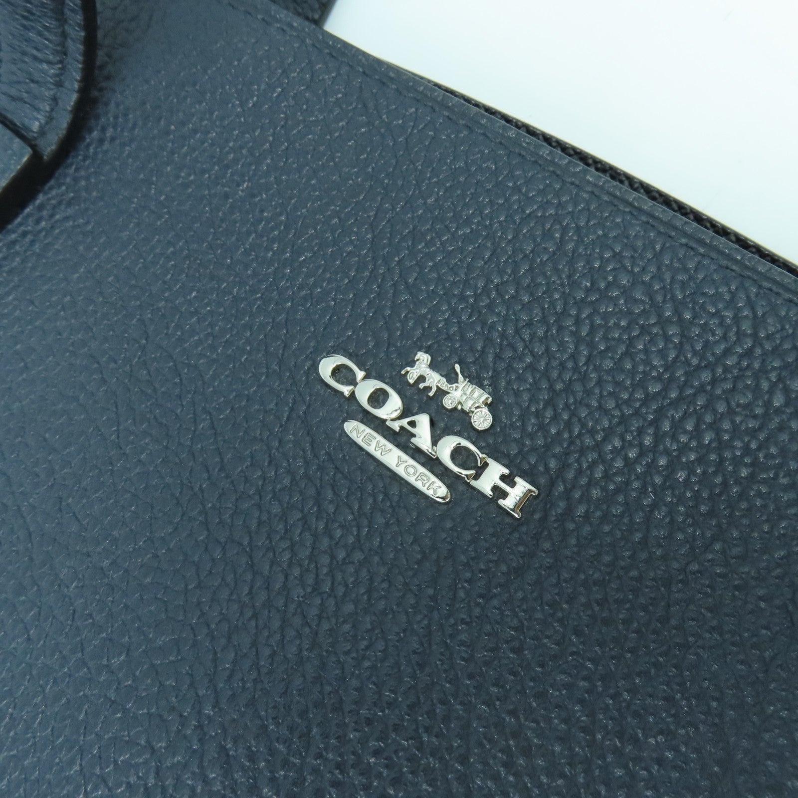 COACH 牛皮皮革Tote Bag銀扣肩背袋深藍色