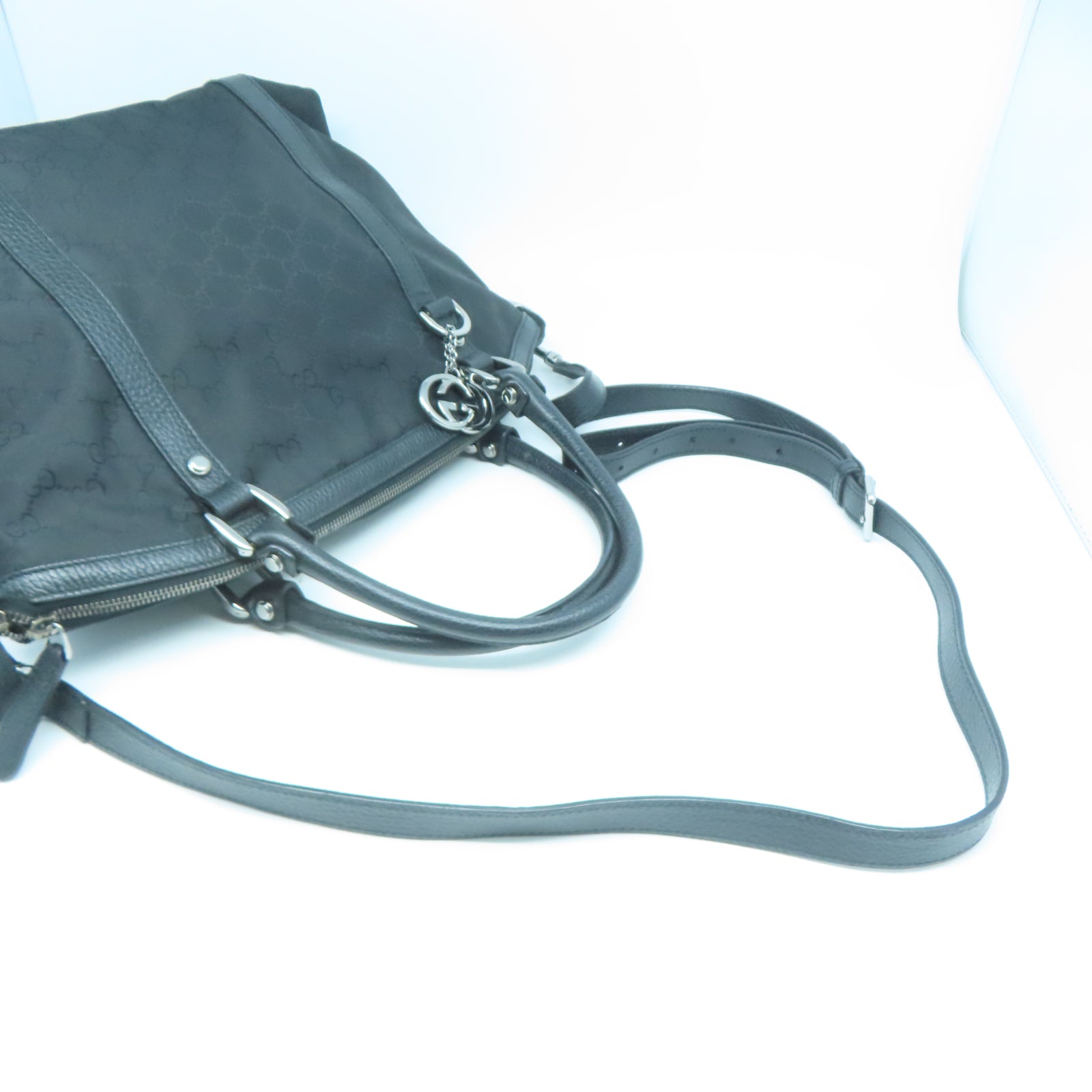 GUCCI 帆布2 Way Shoulder銀扣手挽肩背兩用袋黑色