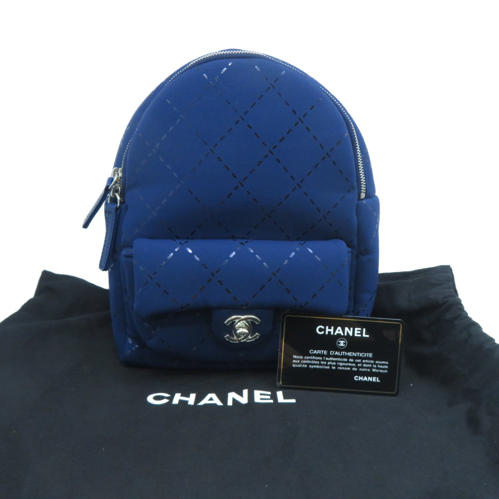 CHANEL 聚酯纖維/皮革Backpack銀扣背包藍色