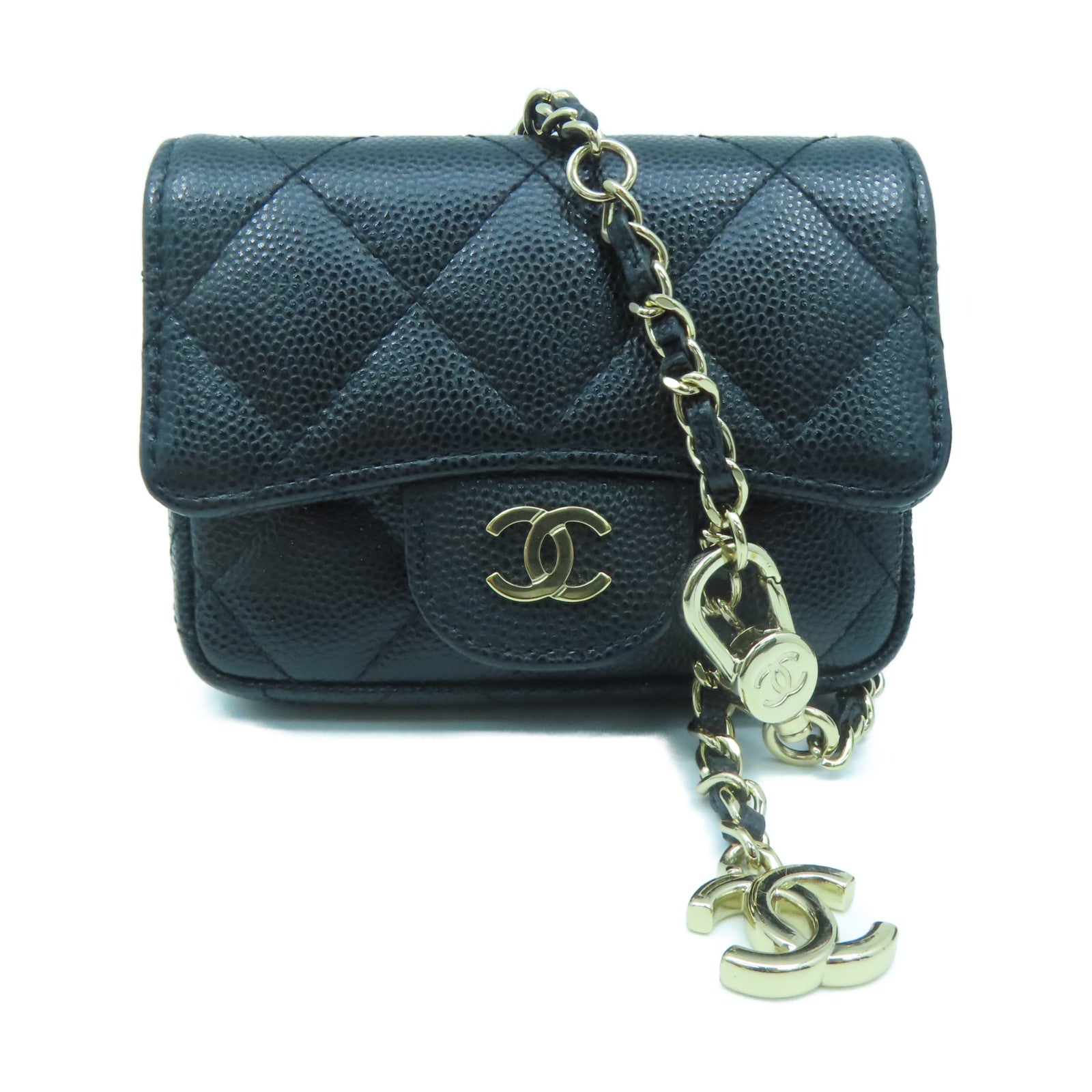 CHANEL diamond Caviar leather Waist Bag gold buckle pocket black