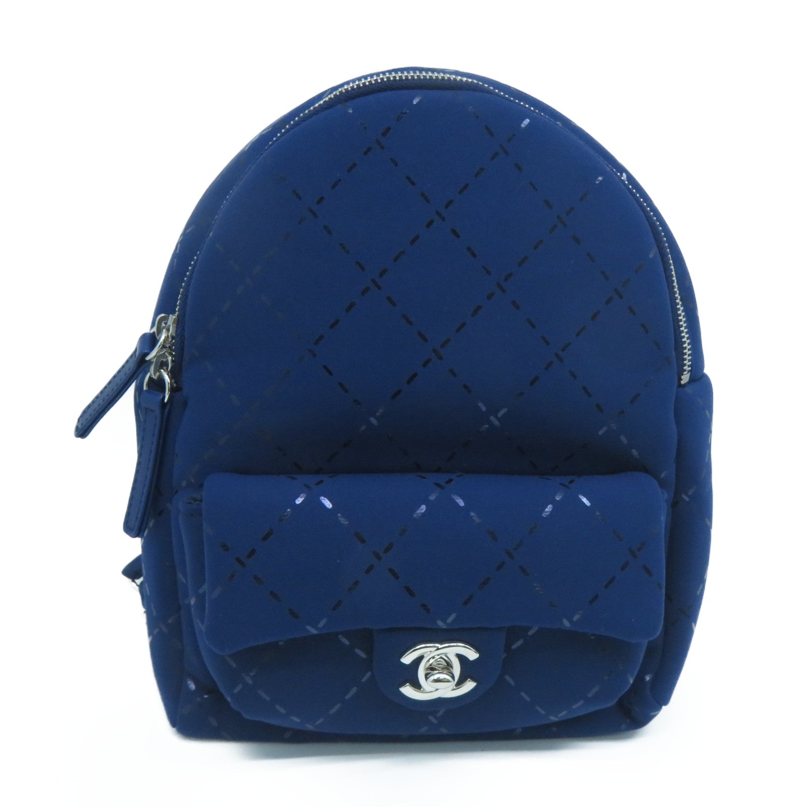 CHANEL 聚酯纖維/皮革Backpack銀扣背包藍色