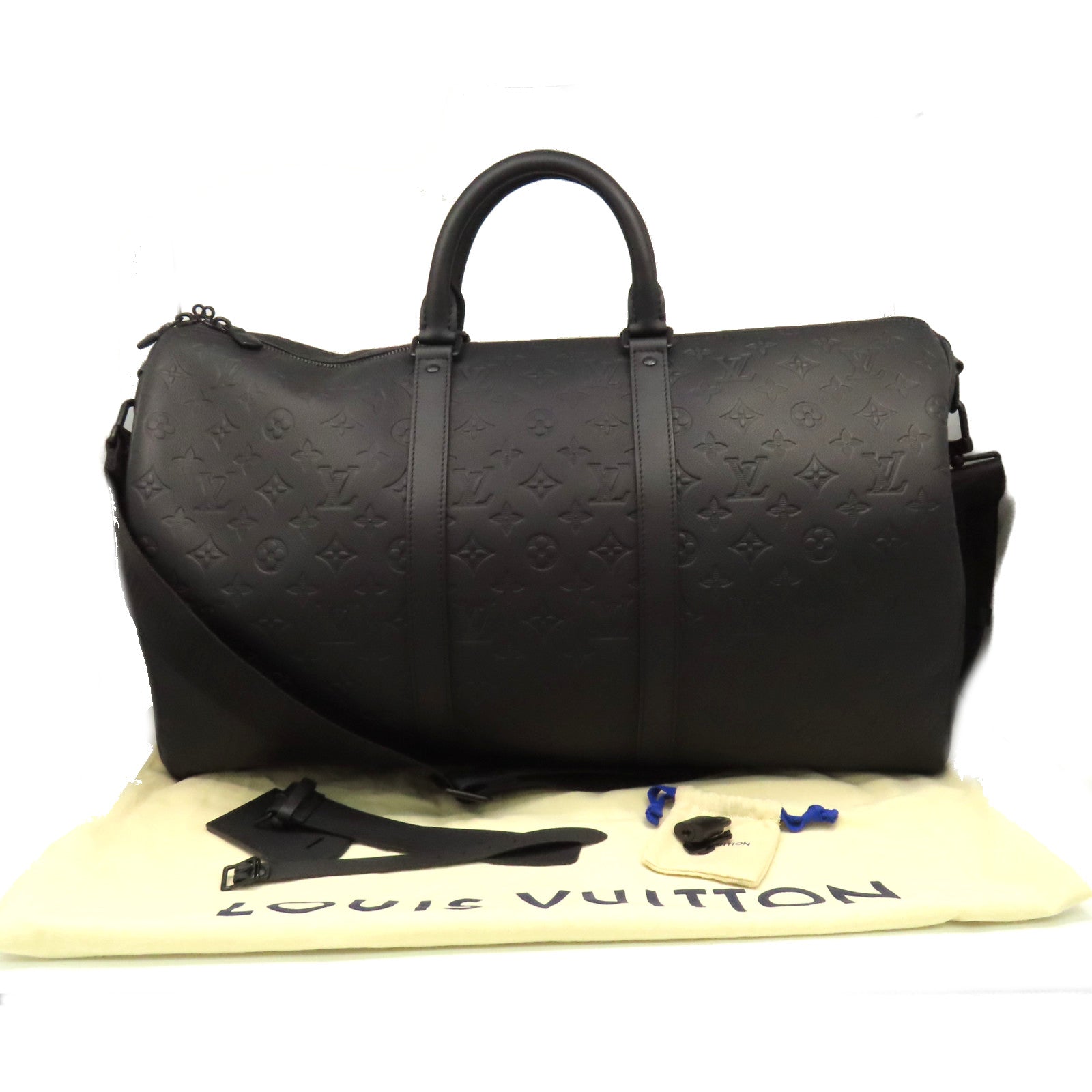 LOUIS VUITTON Monogram Shadow Keepall 50 Bandoulie Boston Bag旅行包黑色