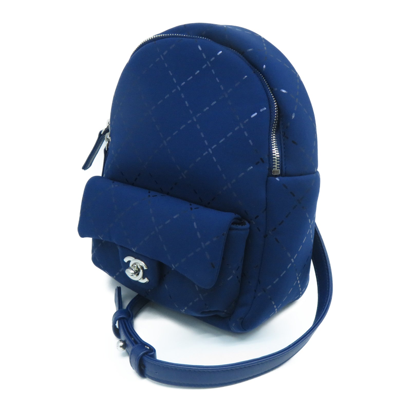 CHANEL 聚酯纖維/皮革Backpack銀扣背包藍色