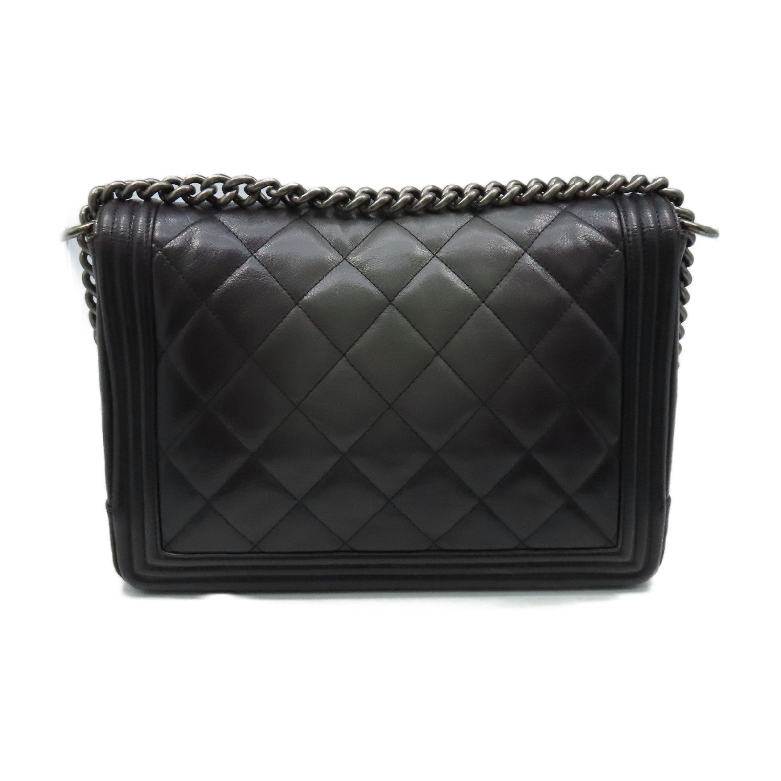 CHANEL 菱格牛皮皮革Boy Chanel 30cm Chain Shoulder Bag銀扣鏈帶肩背袋碳灰色
