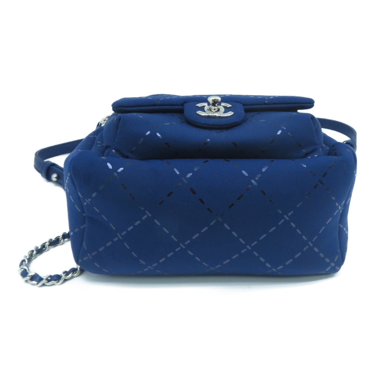 CHANEL 聚酯纖維/皮革Backpack銀扣背包藍色