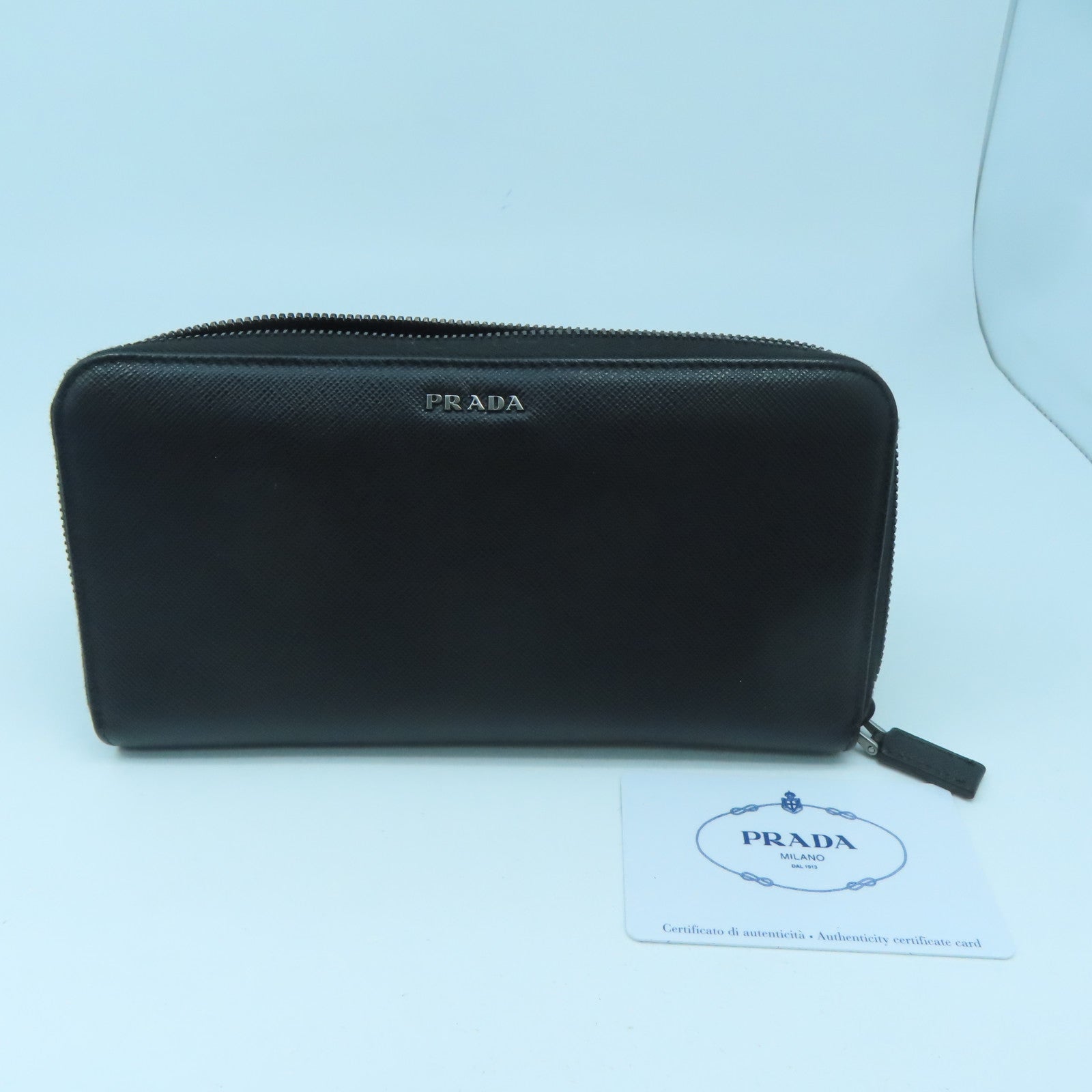 PRADA cowhide leather Long wallet silver buckle long wallet black