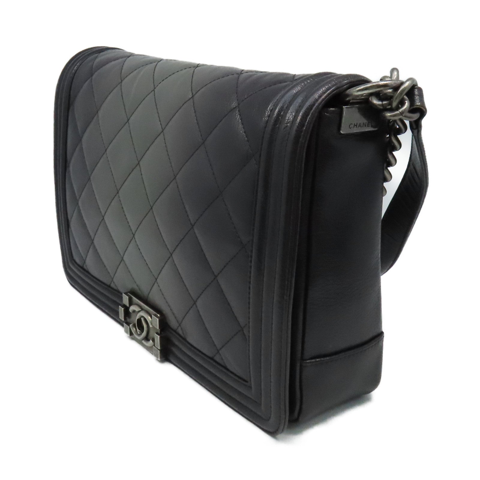 CHANEL 菱格牛皮皮革Boy Chanel 30cm Chain Shoulder Bag銀扣鏈帶肩背袋碳灰色