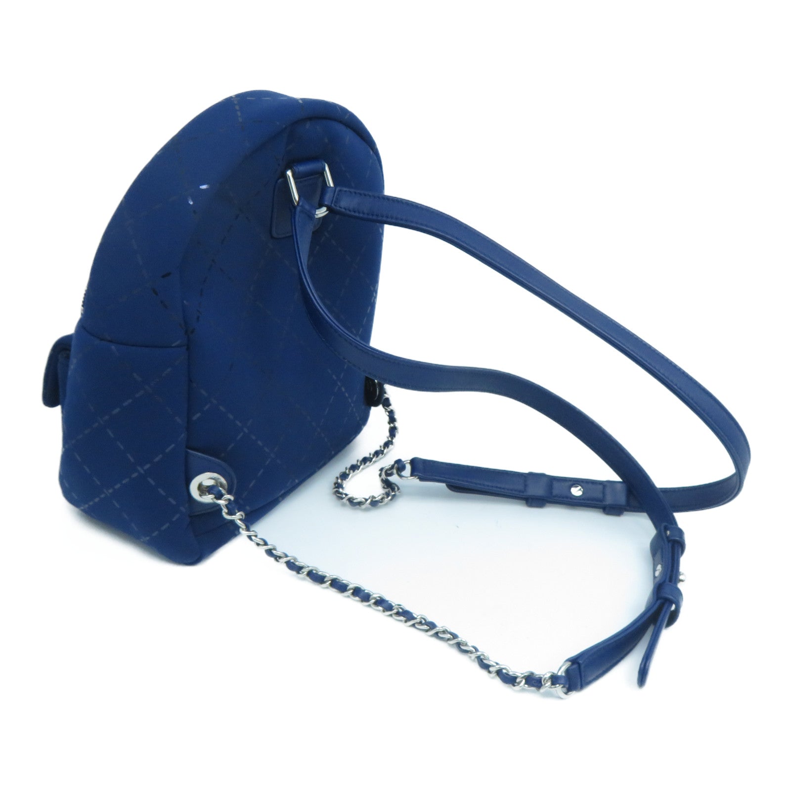 CHANEL 聚酯纖維/皮革Backpack銀扣背包藍色
