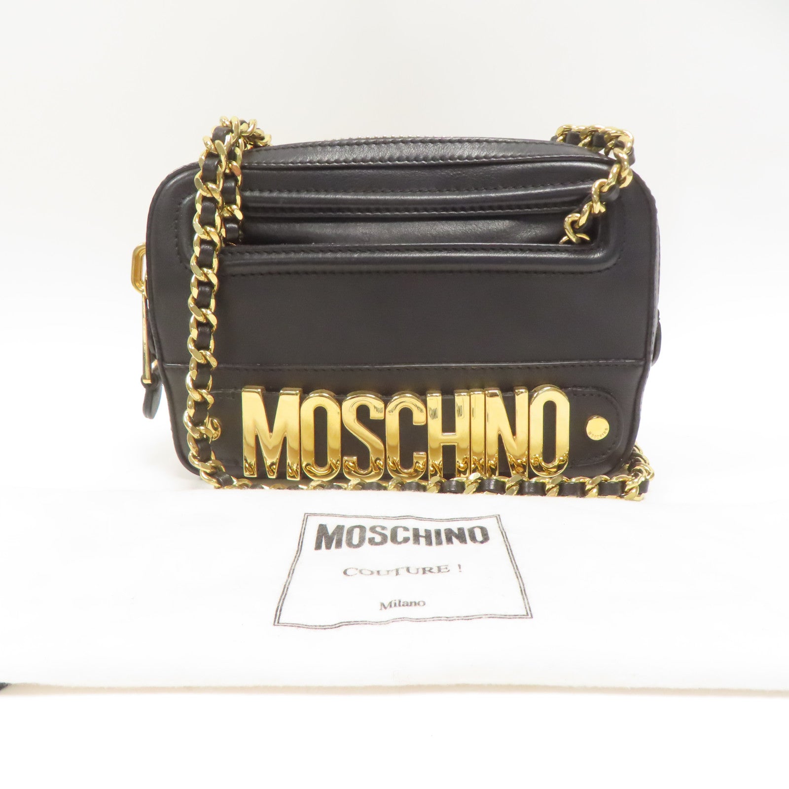 MOSCHINO 牛皮皮革Chain Shoulder金扣鏈帶肩背袋黑色