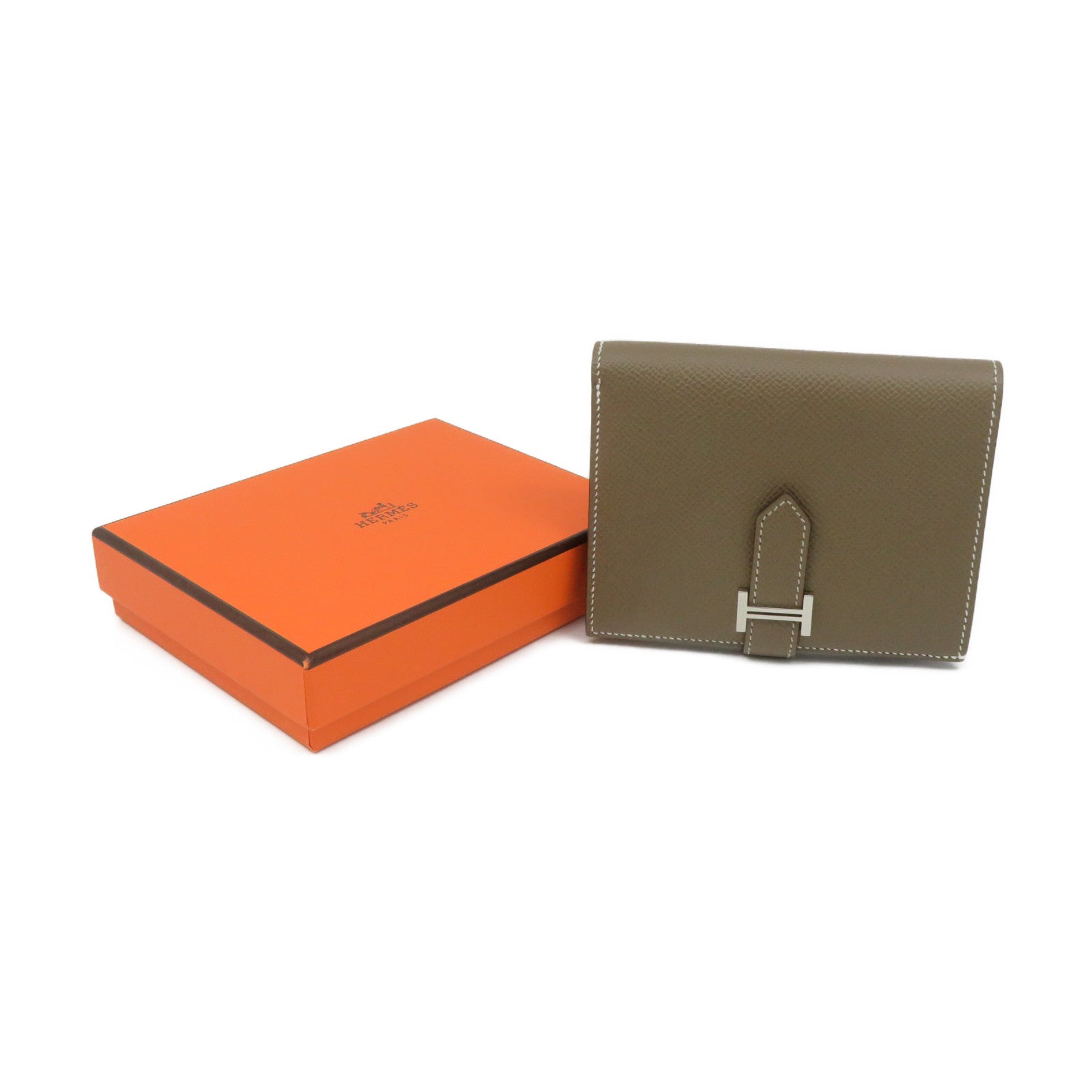 HERMES Epsom Leather Bearn Wallet Silver Buckle Short Wallet Etoupe Brown