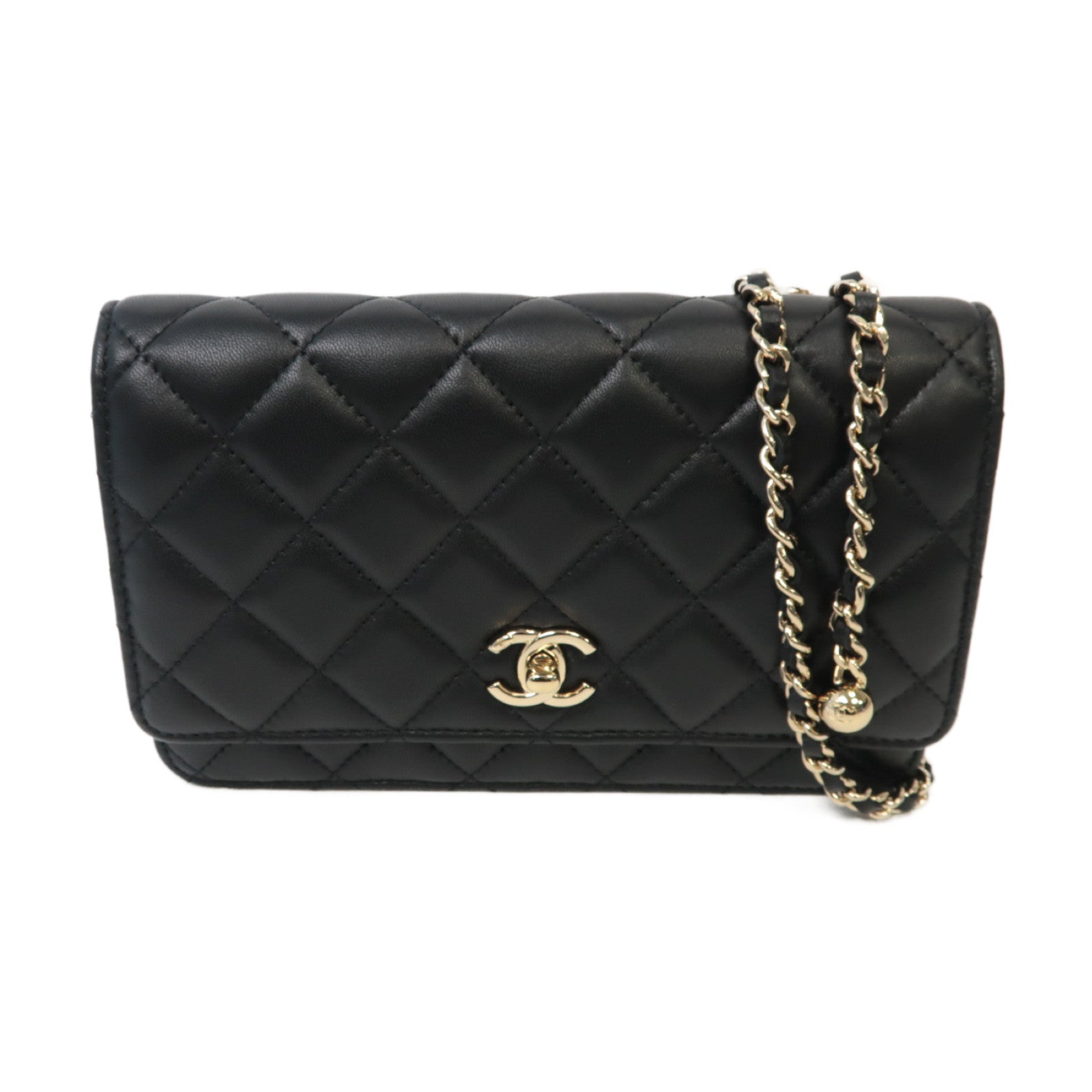 CHANEL 菱格羊皮皮革Wallet On Chain金扣鏈帶肩背袋黑色