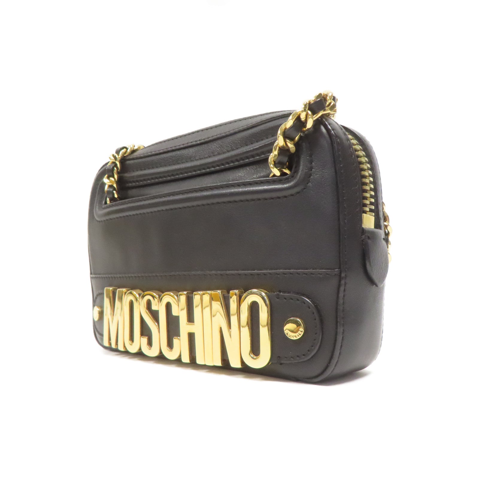 MOSCHINO 牛皮皮革Chain Shoulder金扣鏈帶肩背袋黑色