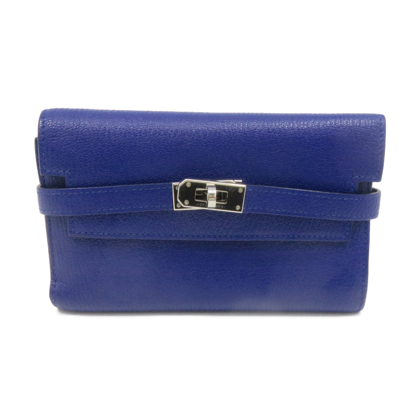 HERMES Chevre皮革Kelly Short Wallet银扣短钱包Bleu Electrique蓝色