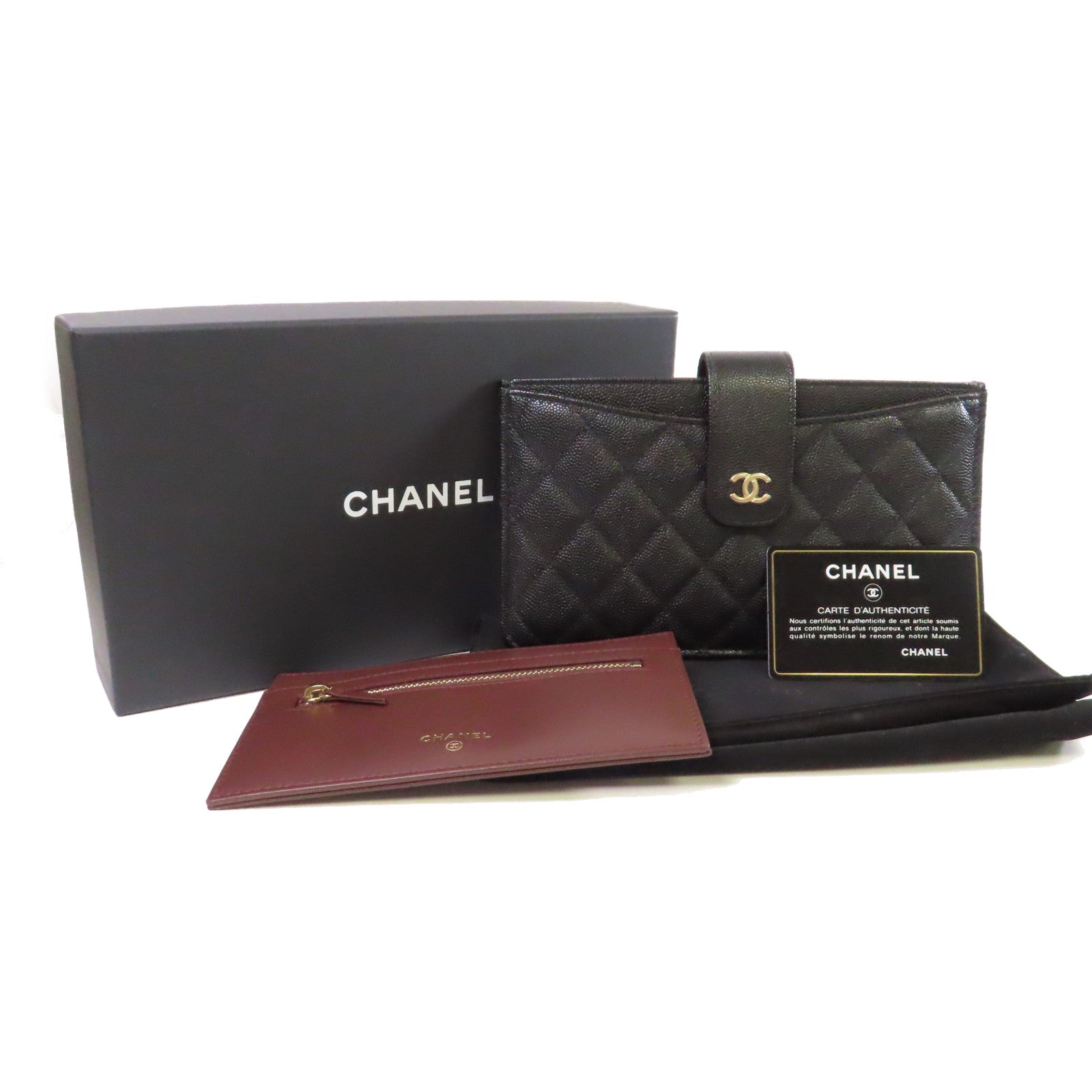 CHANEL 菱格Caviar皮革Pouch Wallet銀扣手拿錢包黑色