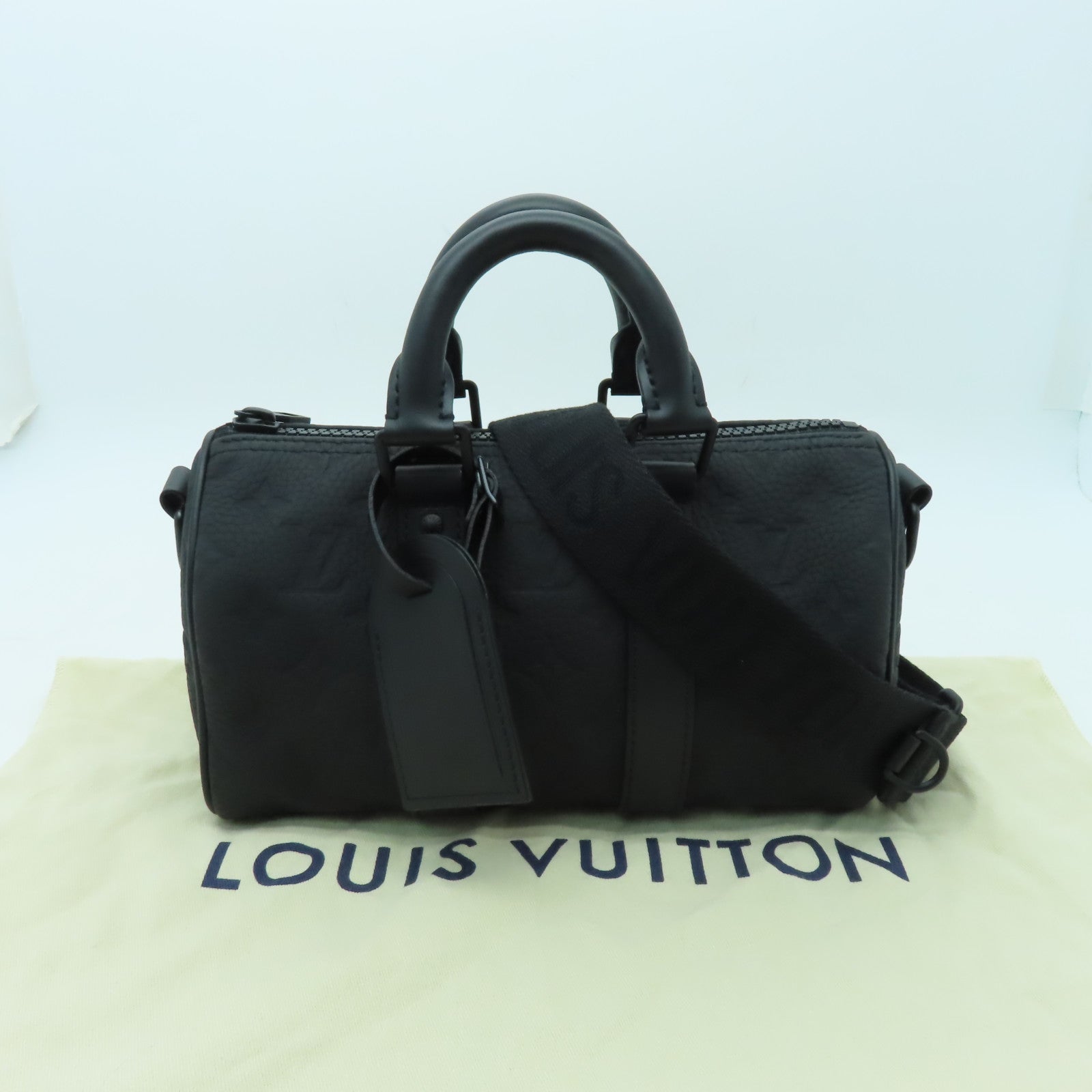 LOUIS VUITTON Taurillon皮革 Monogram Keepall Bandouliere 25黑扣手挽肩背兩用袋黑色
