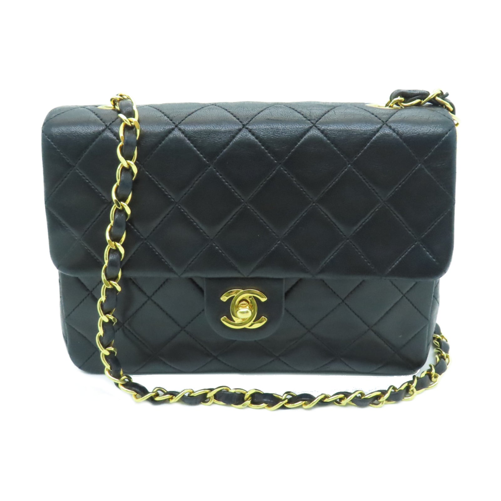 CHANEL Sheepskin Leather Vintage 20cm Gold Buckle Chain Shoulder Bag Black