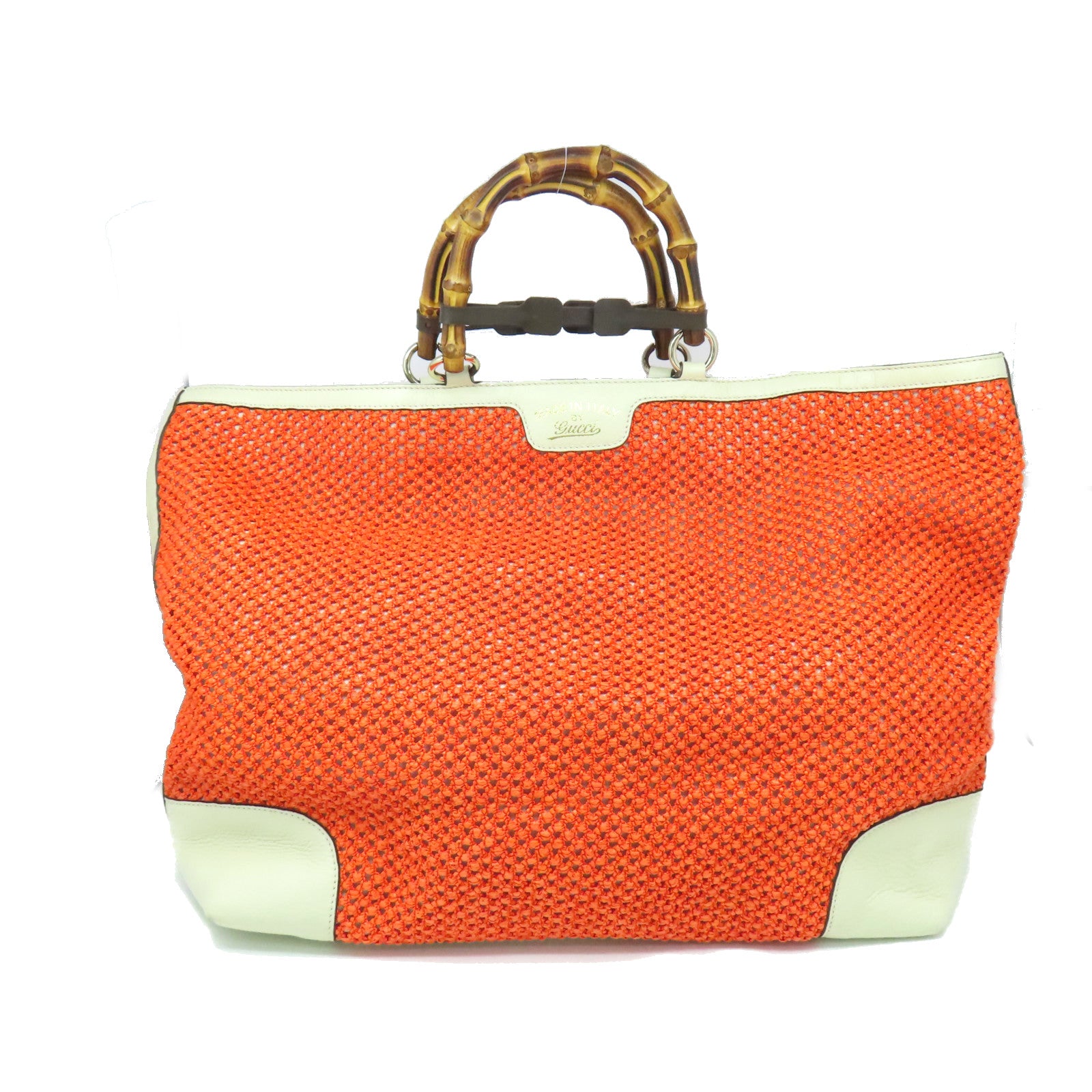 GUCCI Straw/牛皮皮革Top Handle Bamboo Tot Bag手挽袋橙色
