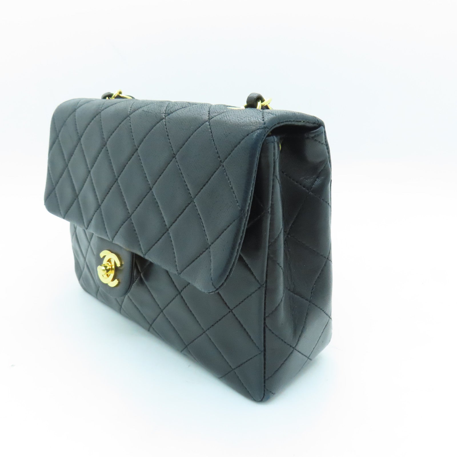 CHANEL Sheepskin Leather Vintage 20cm Gold Buckle Chain Shoulder Bag Black