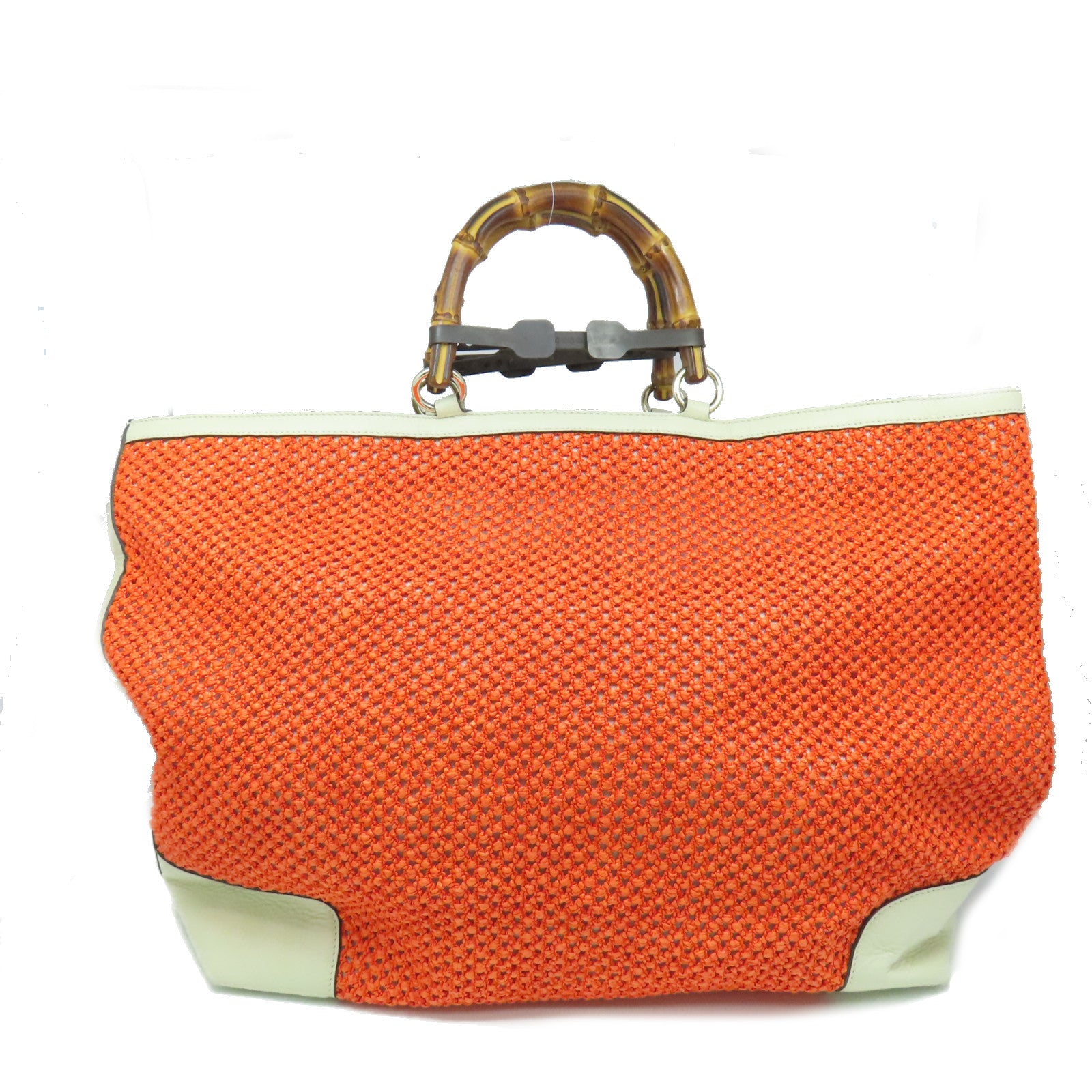 GUCCI Straw/牛皮皮革Top Handle Bamboo Tot Bag手挽袋橙色