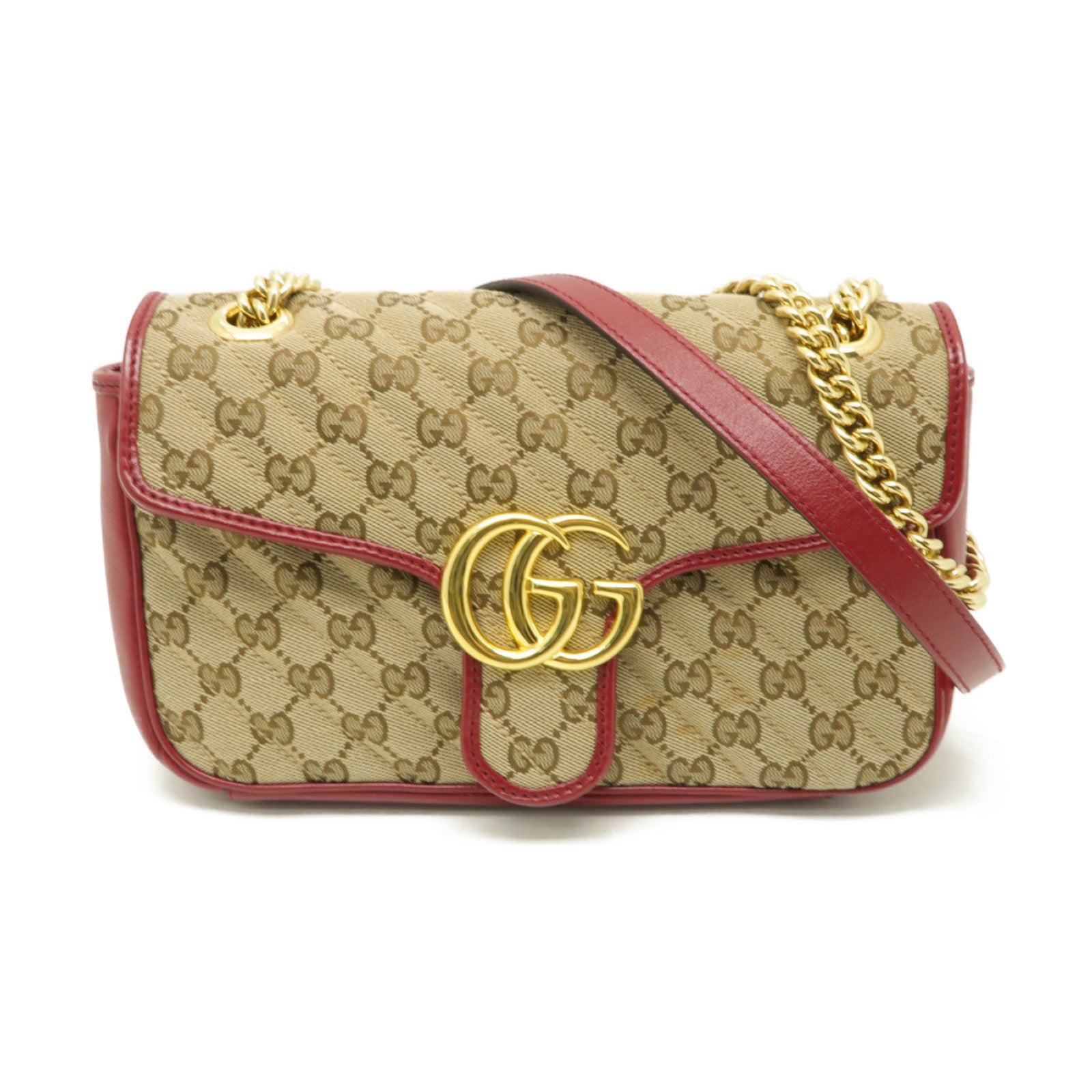 GUCCI 帆布GG Marmont金扣鏈帶肩背袋米色/紅色