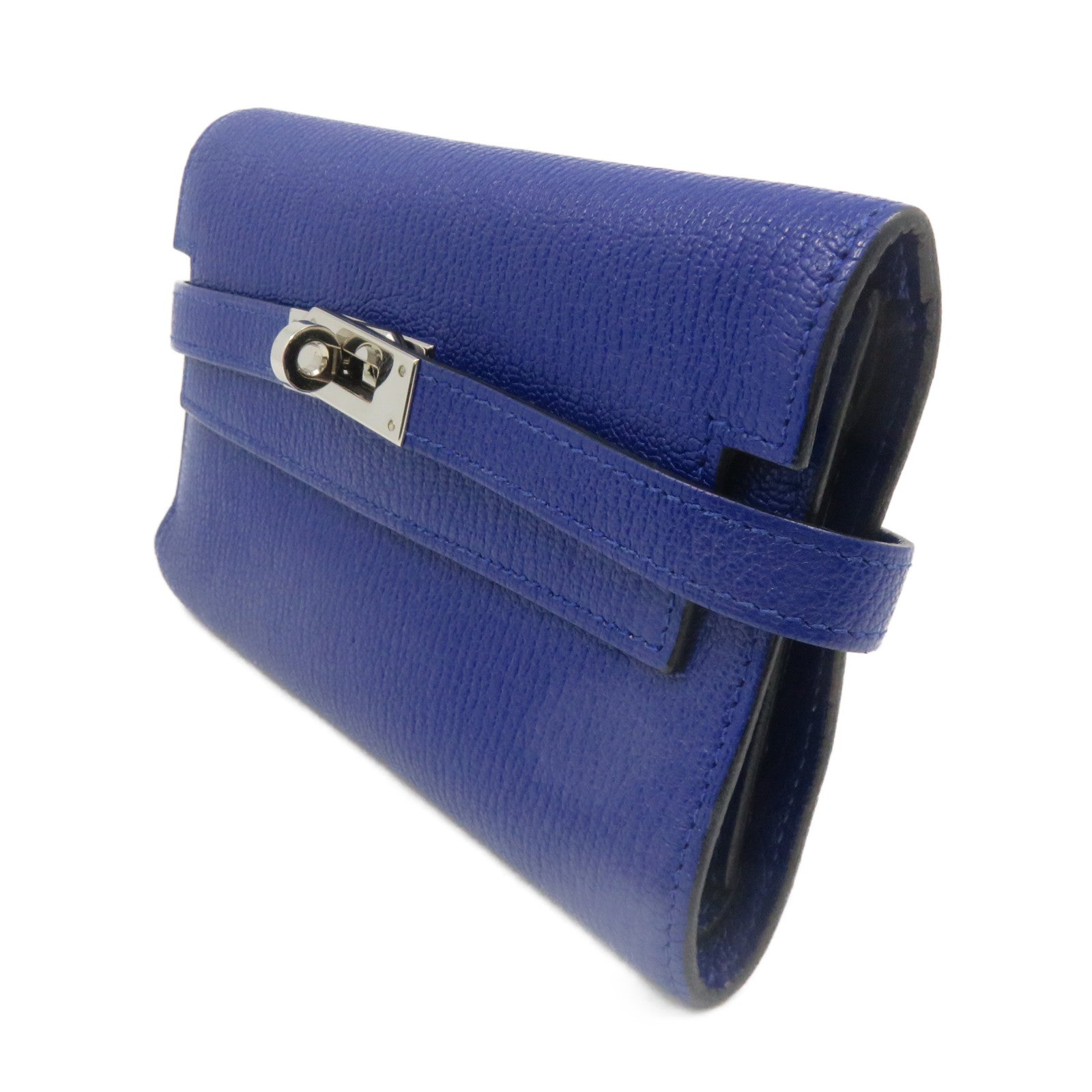HERMES Chevre皮革Kelly Short Wallet银扣短钱包Bleu Electrique蓝色