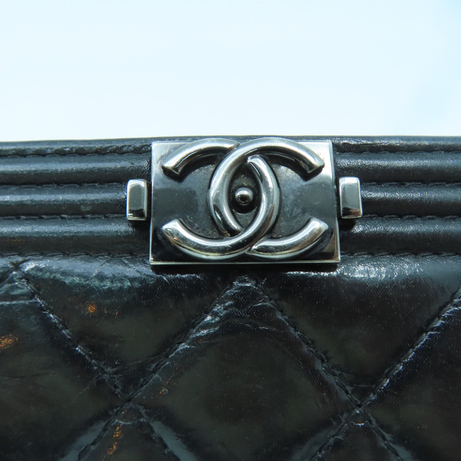 CHANEL diamond patent leather Boy Long Wallet silver buckle long wallet black