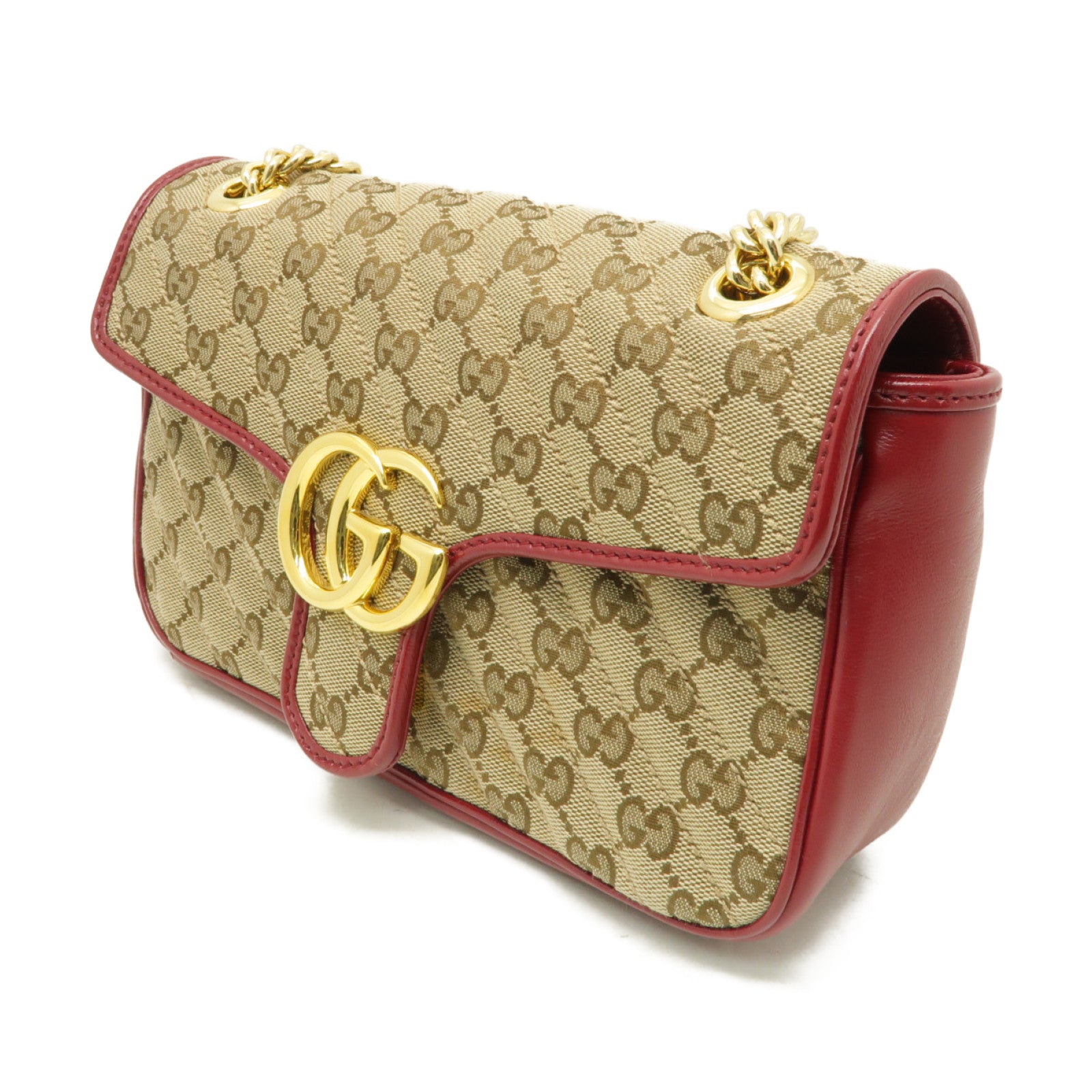 GUCCI 帆布GG Marmont金扣鏈帶肩背袋米色/紅色