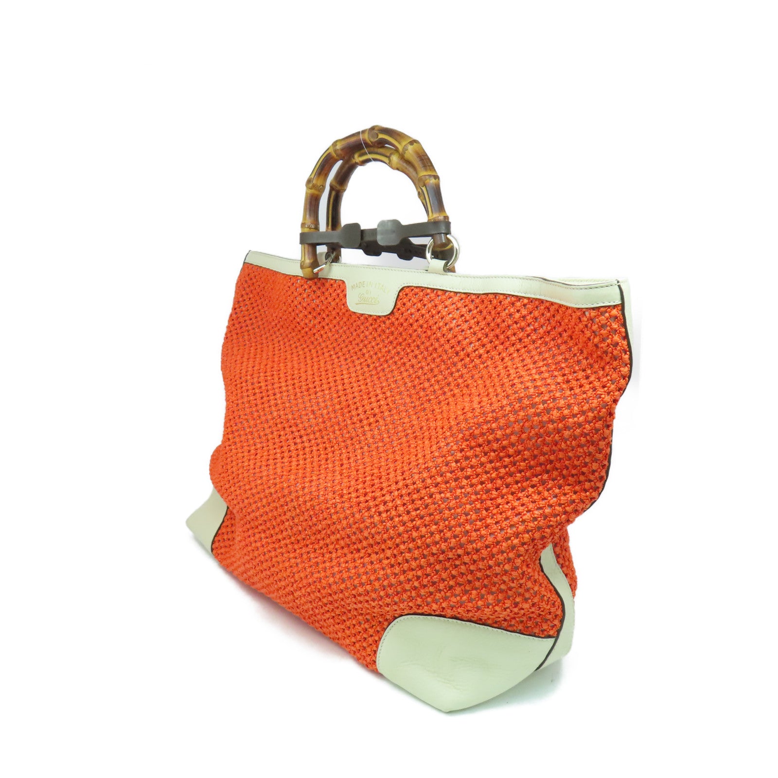 GUCCI Straw/牛皮皮革Top Handle Bamboo Tot Bag手挽袋橙色