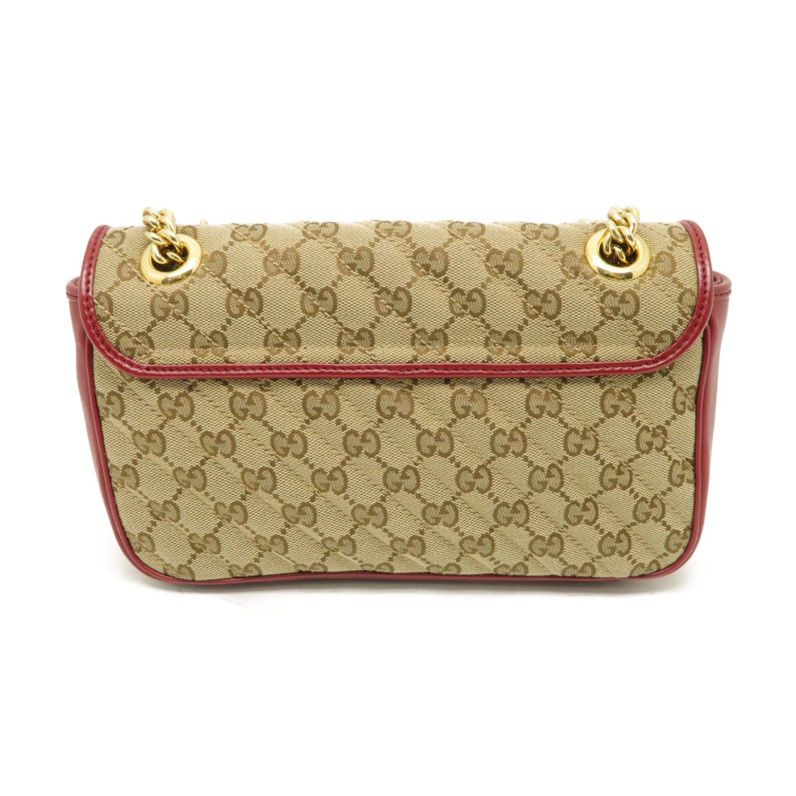 GUCCI 帆布GG Marmont金扣鏈帶肩背袋米色/紅色