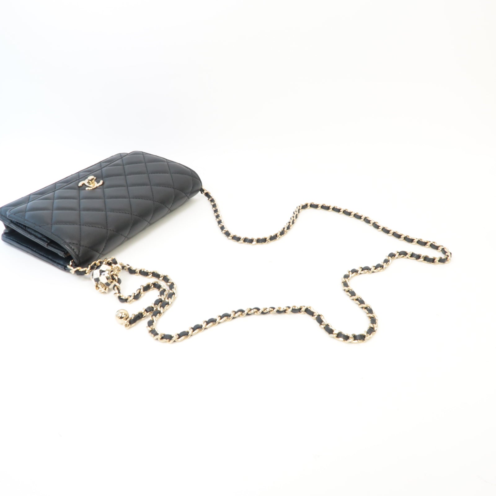 CHANEL 菱格羊皮皮革Wallet On Chain金扣鏈帶肩背袋黑色