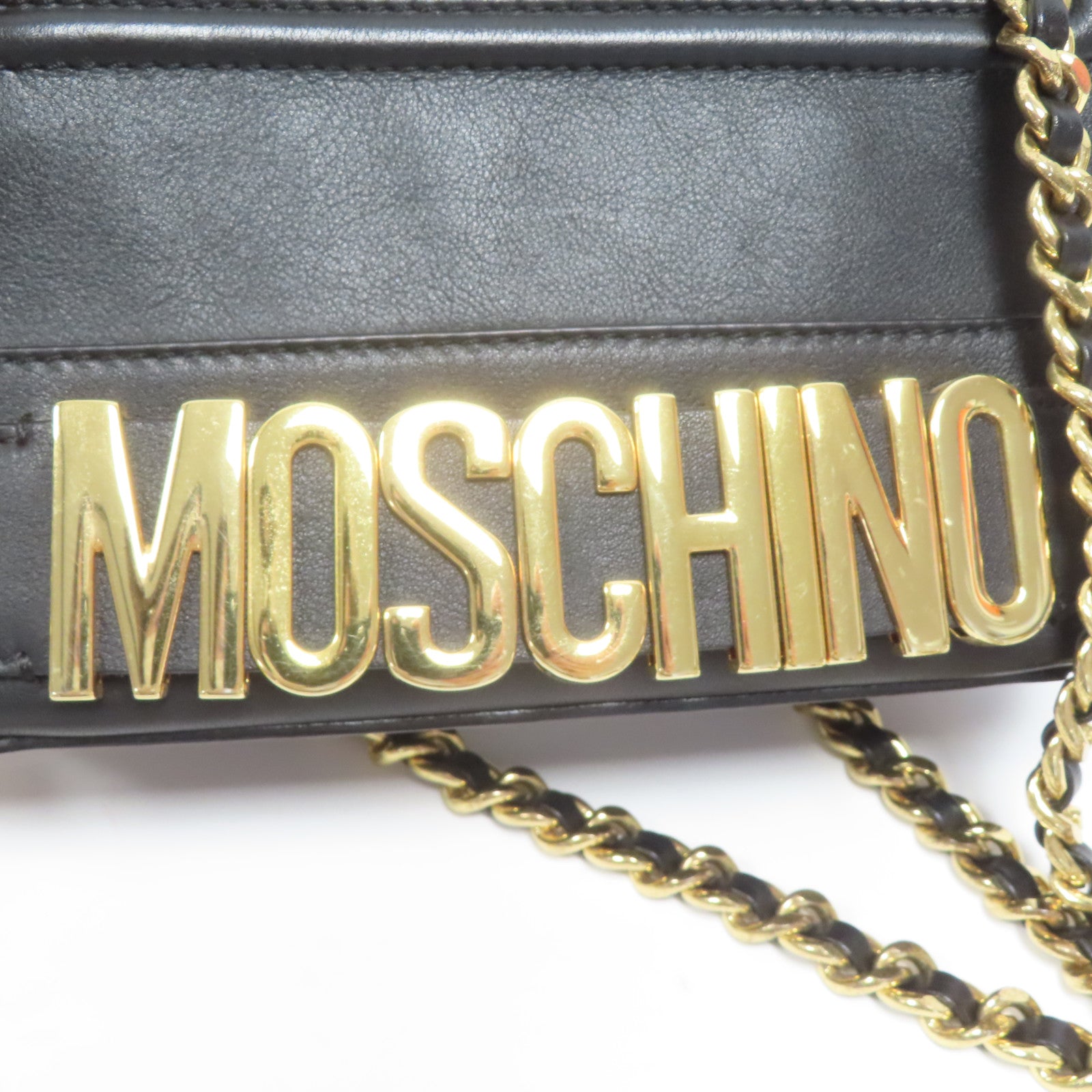 MOSCHINO 牛皮皮革Chain Shoulder金扣鏈帶肩背袋黑色
