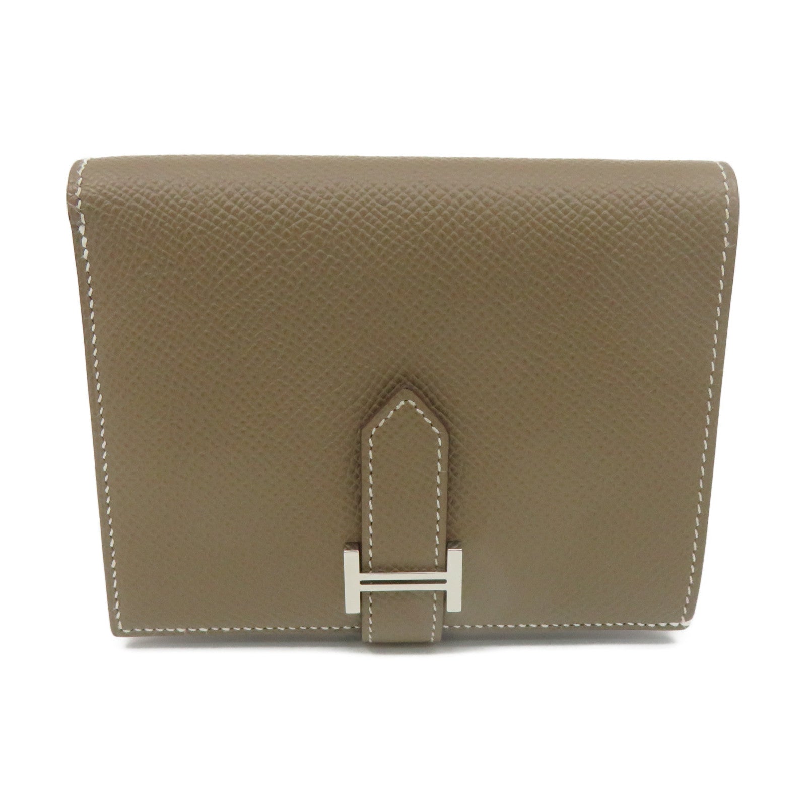 HERMES Epsom Leather Bearn Wallet Silver Buckle Short Wallet Etoupe Brown