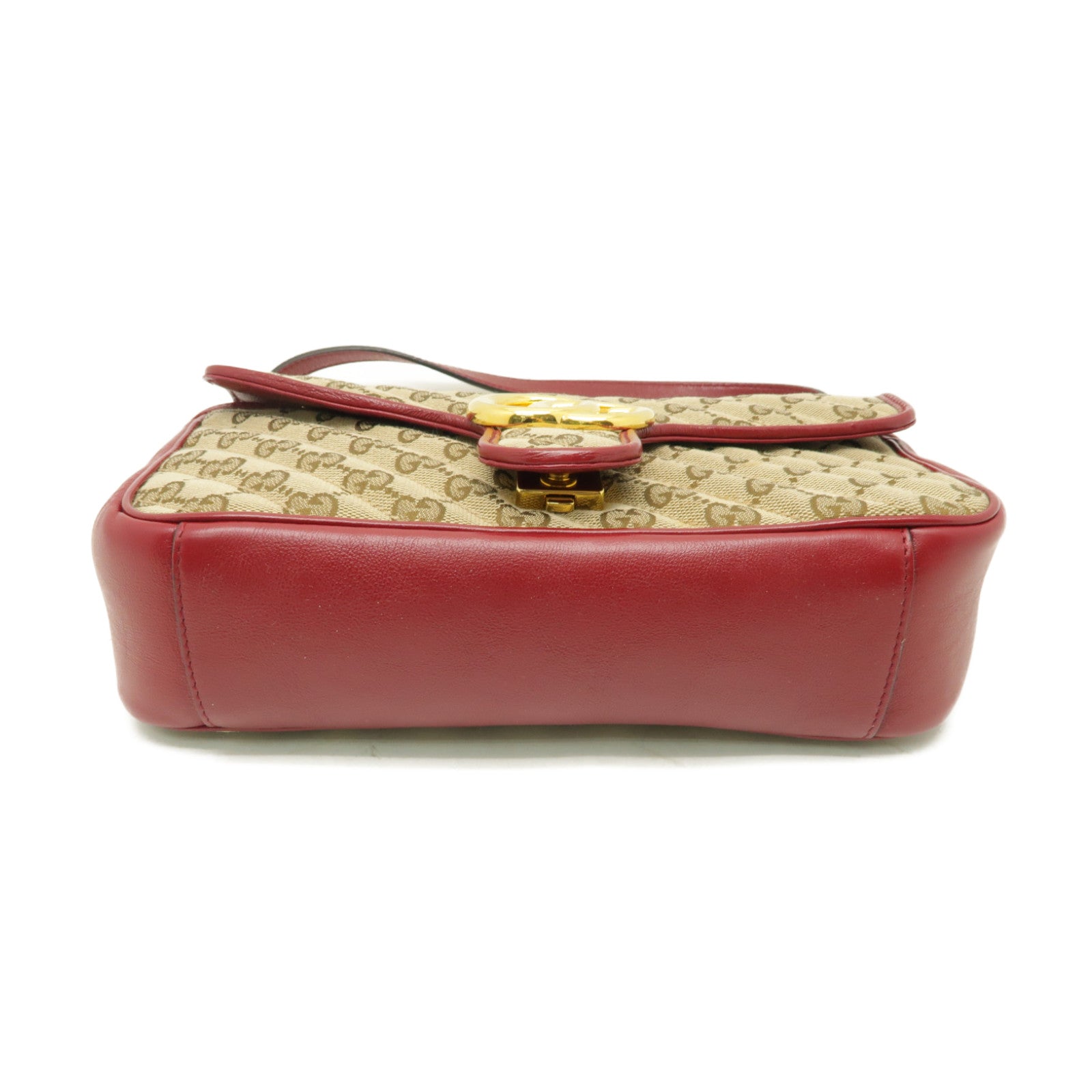 GUCCI 帆布GG Marmont金扣鏈帶肩背袋米色/紅色