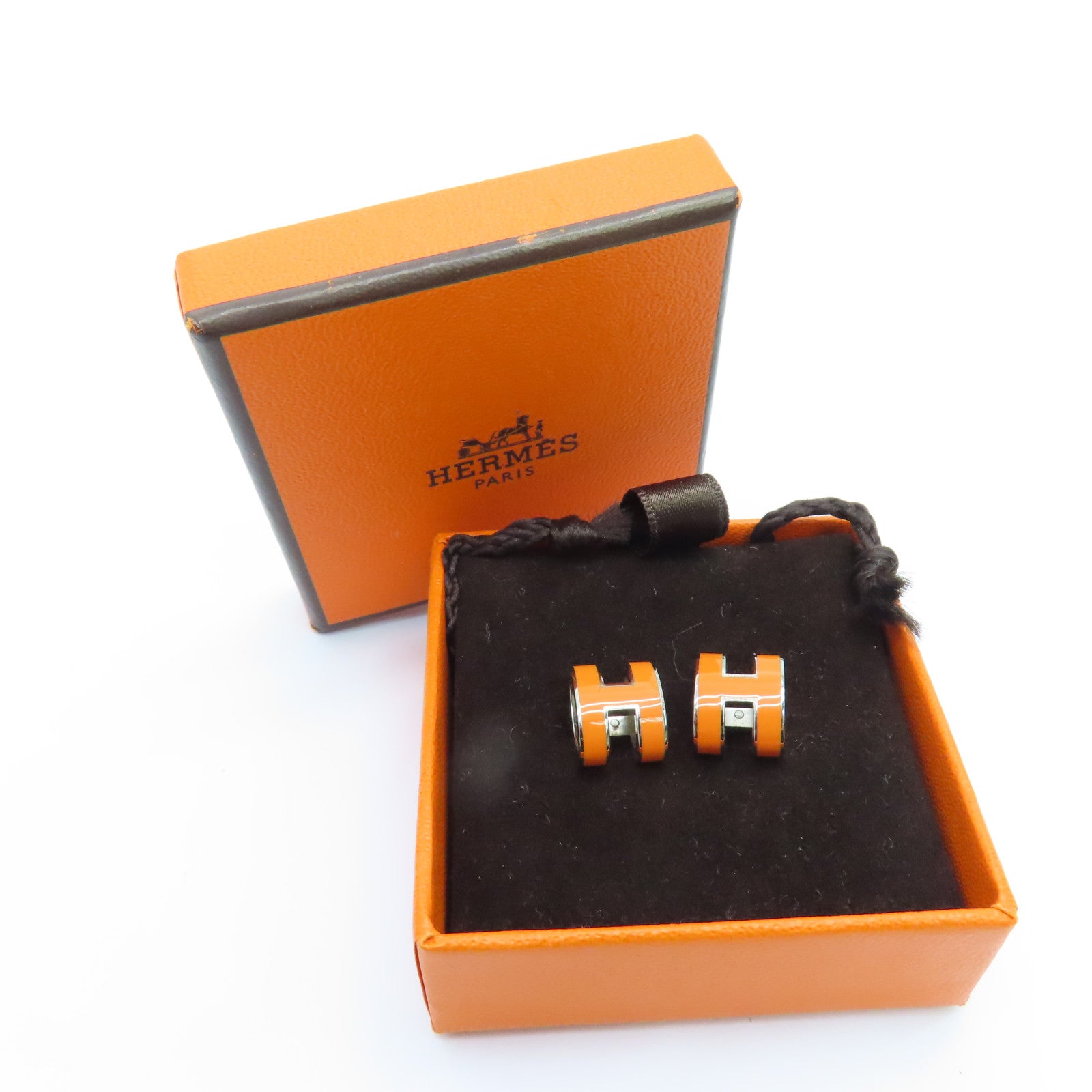 HERMES Metal Earrings H Pop Gold Buckle Earrings Orange