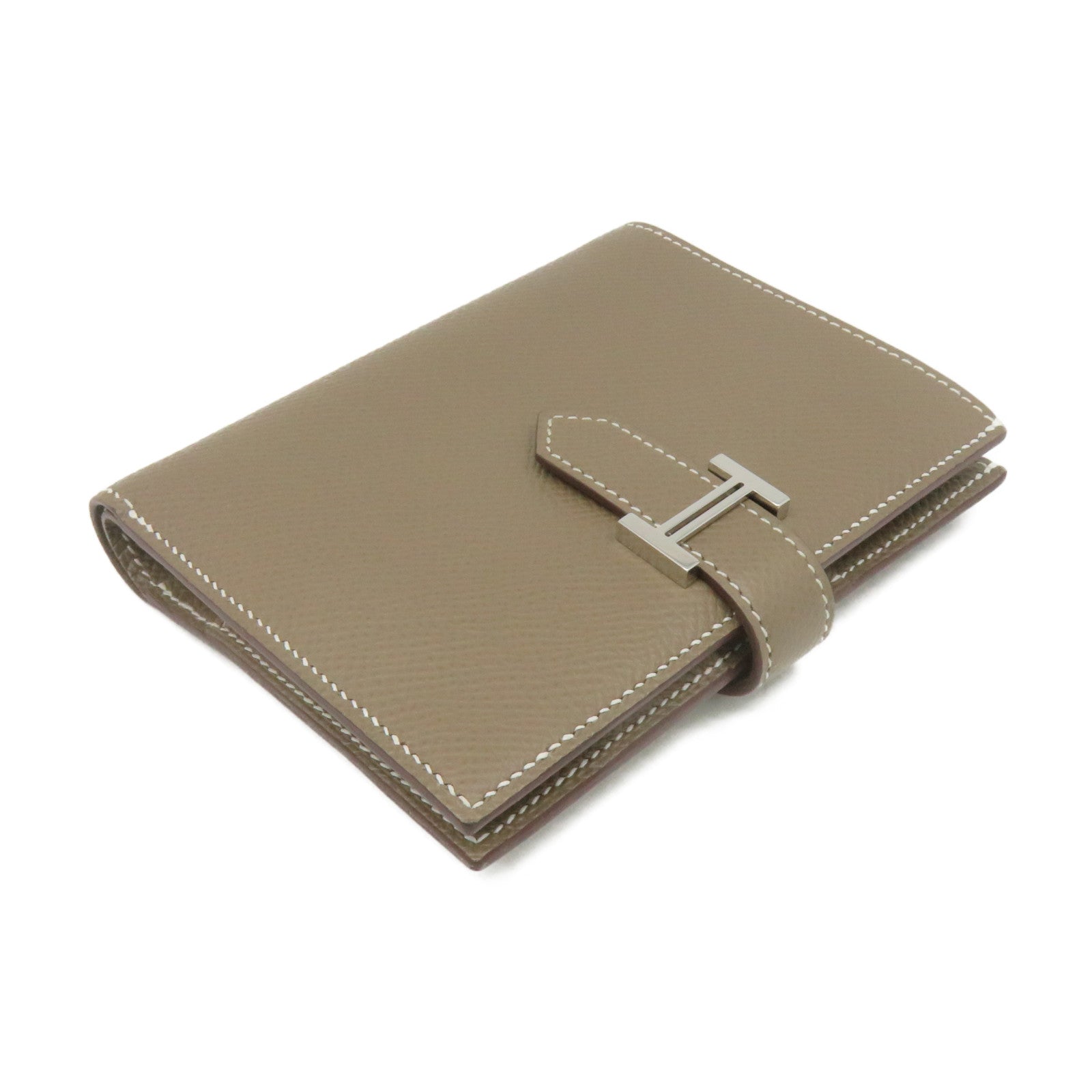 HERMES Epsom Leather Bearn Wallet Silver Buckle Short Wallet Etoupe Brown