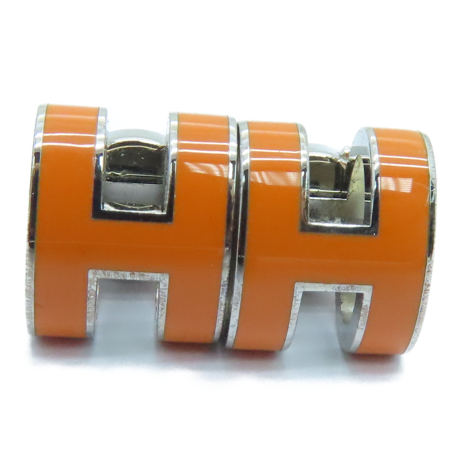 HERMES Metal Earrings H Pop Gold Buckle Earrings Orange